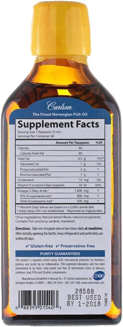 روغن ماهی کارلسون با طعم لیمو، 200 میلی لیتر