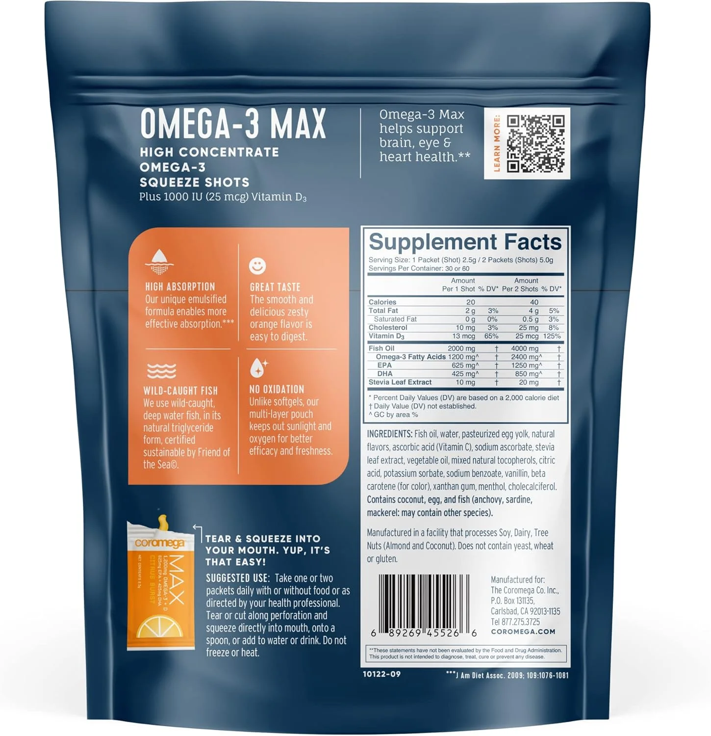 Coromega MAX 2400mg روغن ماهی امگا 3 + ویتامین D، صید وحشی، بدون طعم ماهی - جذب 3 برابر بهتر از سافت ژل ها، پشتیبانی از سلامت مغز و قلب (30 سروینگ، انفجار مرکبات)