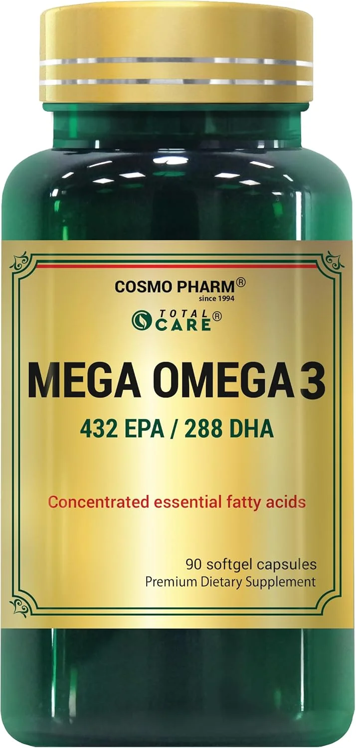کپسول های نرم روغن ماهی امگا 3 COSMO PHARM MEGA OMEGA 3 - 1200 میلی گرم روغن ماهی با 432 میلی گرم EPA و 288 میلی گرم DHA - بدون طعم ماهی، مکمل امگا 3 با قدرت بالا - 90 کپسول نرم