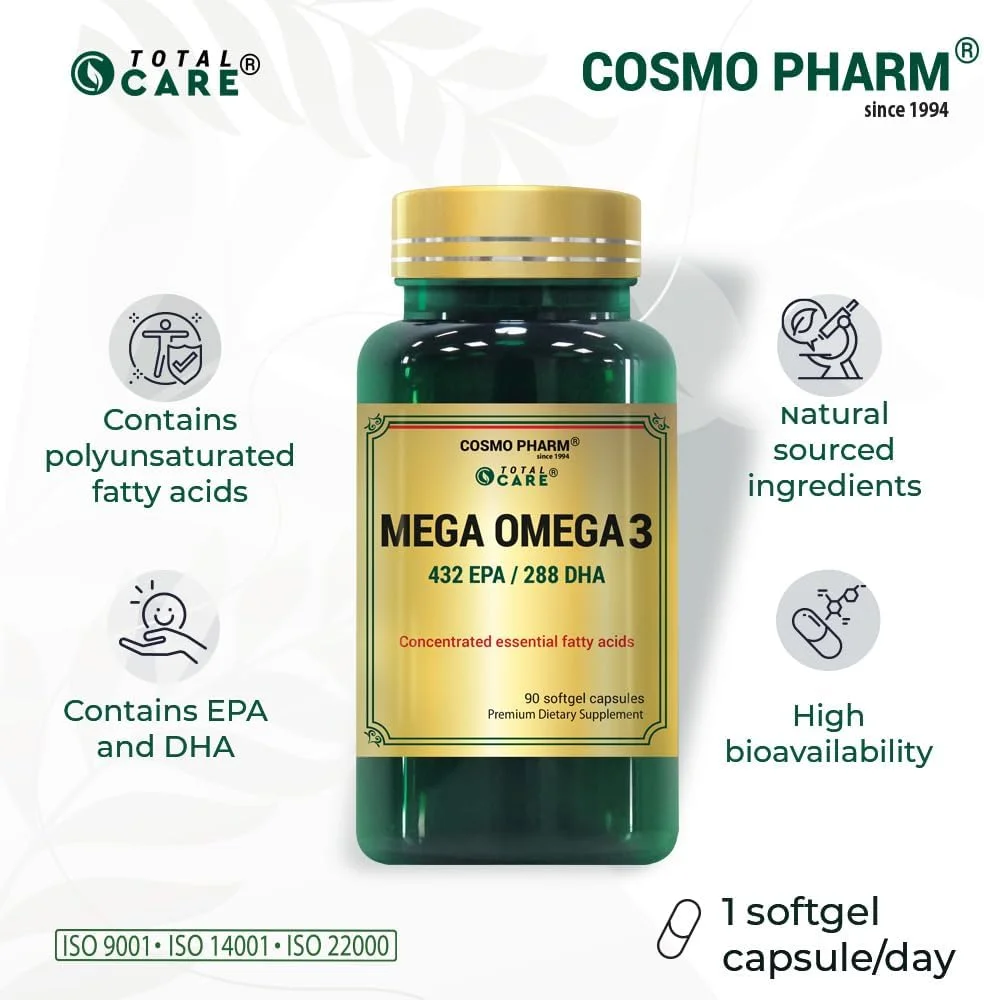 کپسول های نرم روغن ماهی امگا 3 COSMO PHARM MEGA OMEGA 3 - 1200 میلی گرم روغن ماهی با 432 میلی گرم EPA و 288 میلی گرم DHA - بدون طعم ماهی، مکمل امگا 3 با قدرت بالا - 90 کپسول نرم