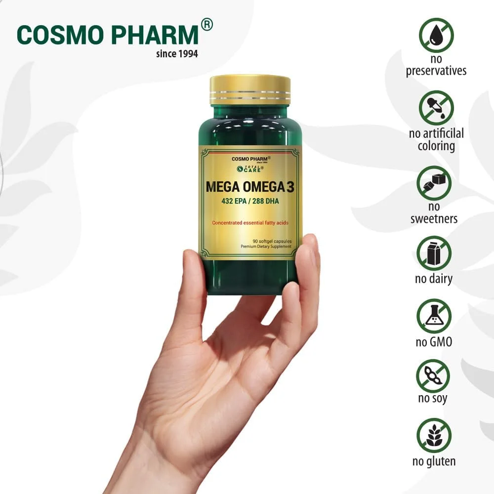 کپسول های نرم روغن ماهی امگا 3 COSMO PHARM MEGA OMEGA 3 - 1200 میلی گرم روغن ماهی با 432 میلی گرم EPA و 288 میلی گرم DHA - بدون طعم ماهی، مکمل امگا 3 با قدرت بالا - 90 کپسول نرم