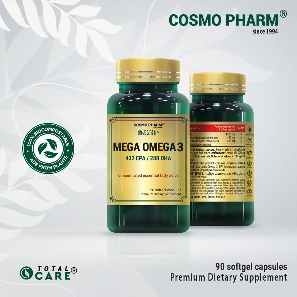 کپسول های نرم روغن ماهی امگا 3 COSMO PHARM MEGA OMEGA 3 - 1200 میلی گرم روغن ماهی با 432 میلی گرم EPA و 288 میلی گرم DHA - بدون طعم ماهی، مکمل امگا 3 با قدرت بالا - 90 کپسول نرم