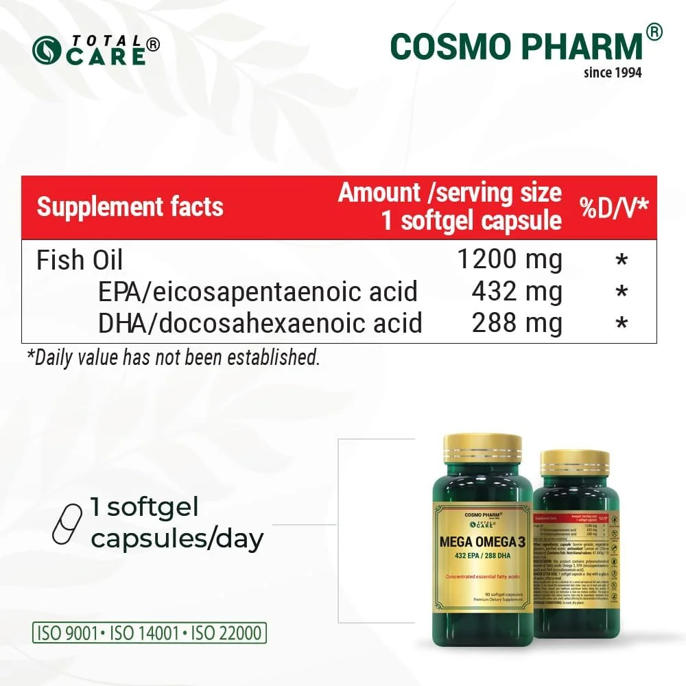 کپسول های نرم روغن ماهی امگا 3 COSMO PHARM MEGA OMEGA 3 - 1200 میلی گرم روغن ماهی با 432 میلی گرم EPA و 288 میلی گرم DHA - بدون طعم ماهی، مکمل امگا 3 با قدرت بالا - 90 کپسول نرم