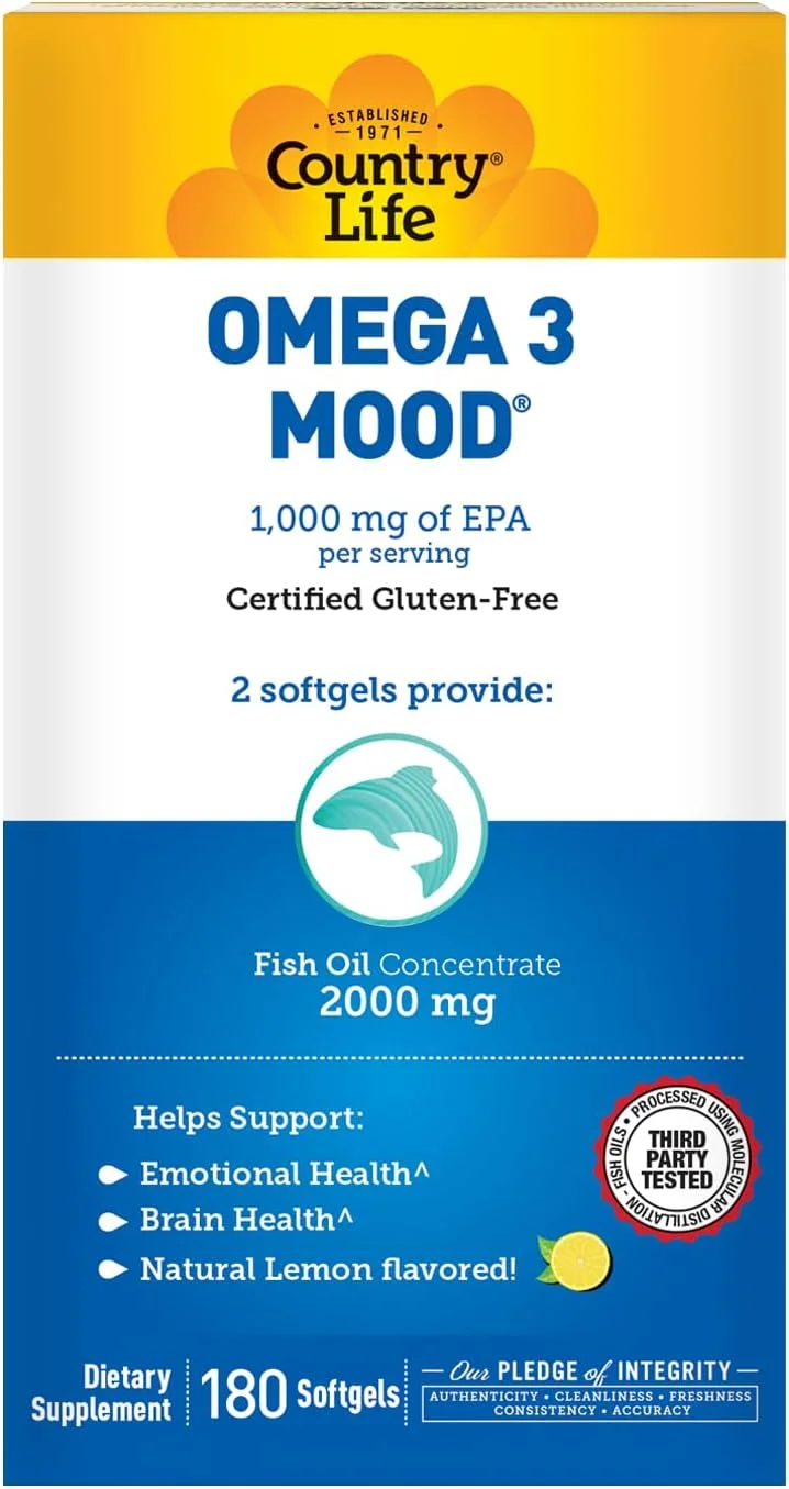 کانتری لایف امگا 3 برای بهبود خلق و خو، حاوی EPA و روغن ماهی غلیظ شده، 180 سافت ژل کانتری لایف امگا 3 برای بهبود خلق و خو، حاوی EPA و روغن ماهی غلیظ شده، 180 سافت ژل