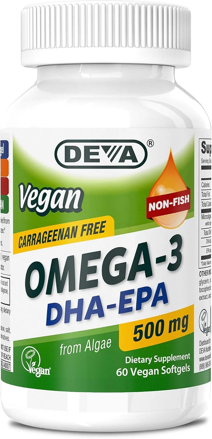 مکمل امگا 3 DHA EPA گیاهی DEVA - سافت ژل یک بار در روز 500 میلی گرم - بدون کاراگینان - بدون ژلاتین - غیر ماهی - روغن جلبک اسیدهای چرب امگا 3 - 60 سافت ژل