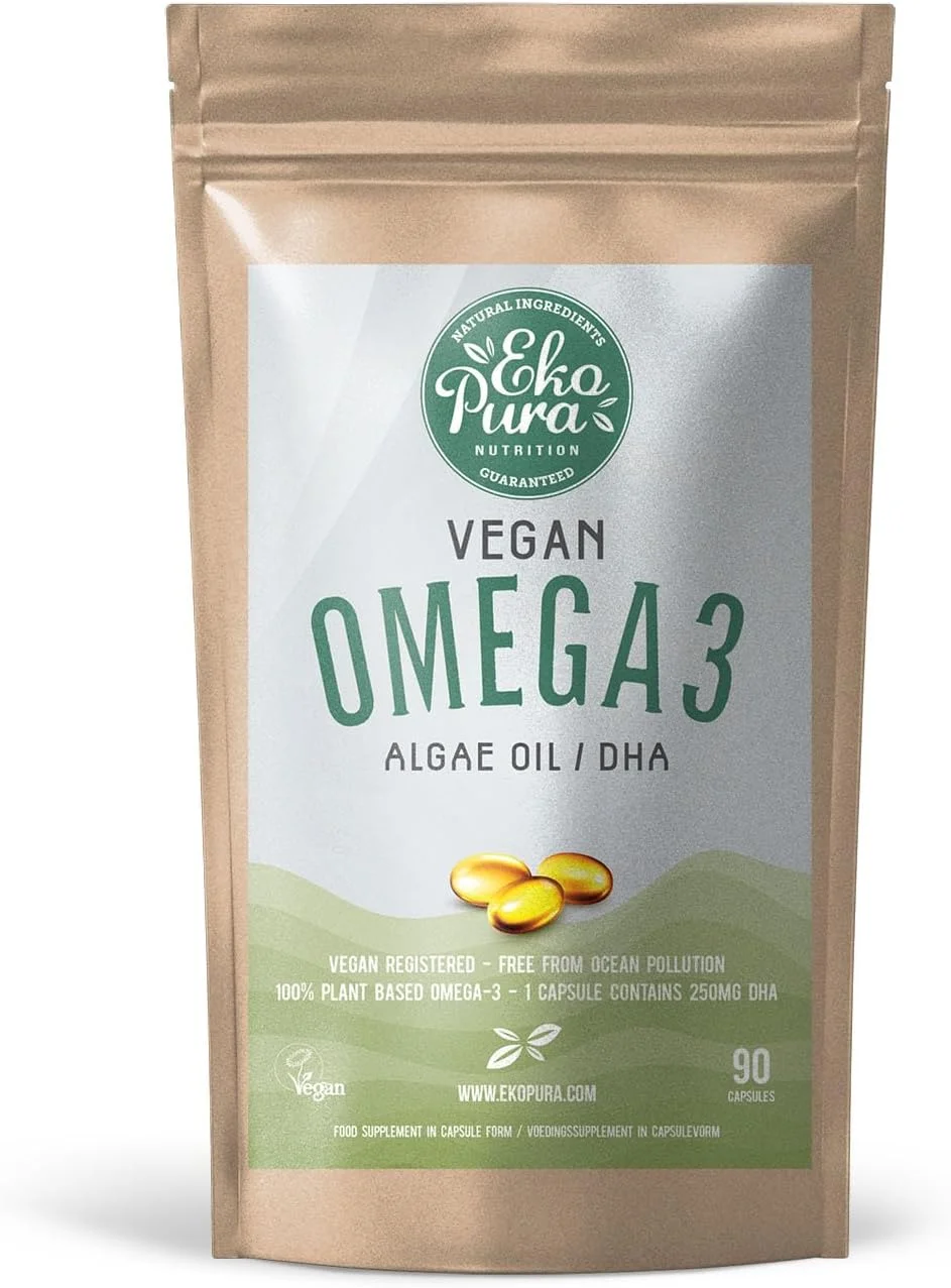 اکوپورا امگا 3 گیاهی - روغن جلبک، 90 کپسول کوچک (250 میلی گرم DHA در هر کپسول)، تامین 3 ماهه - جایگزین پایدار برای روغن ماهی
