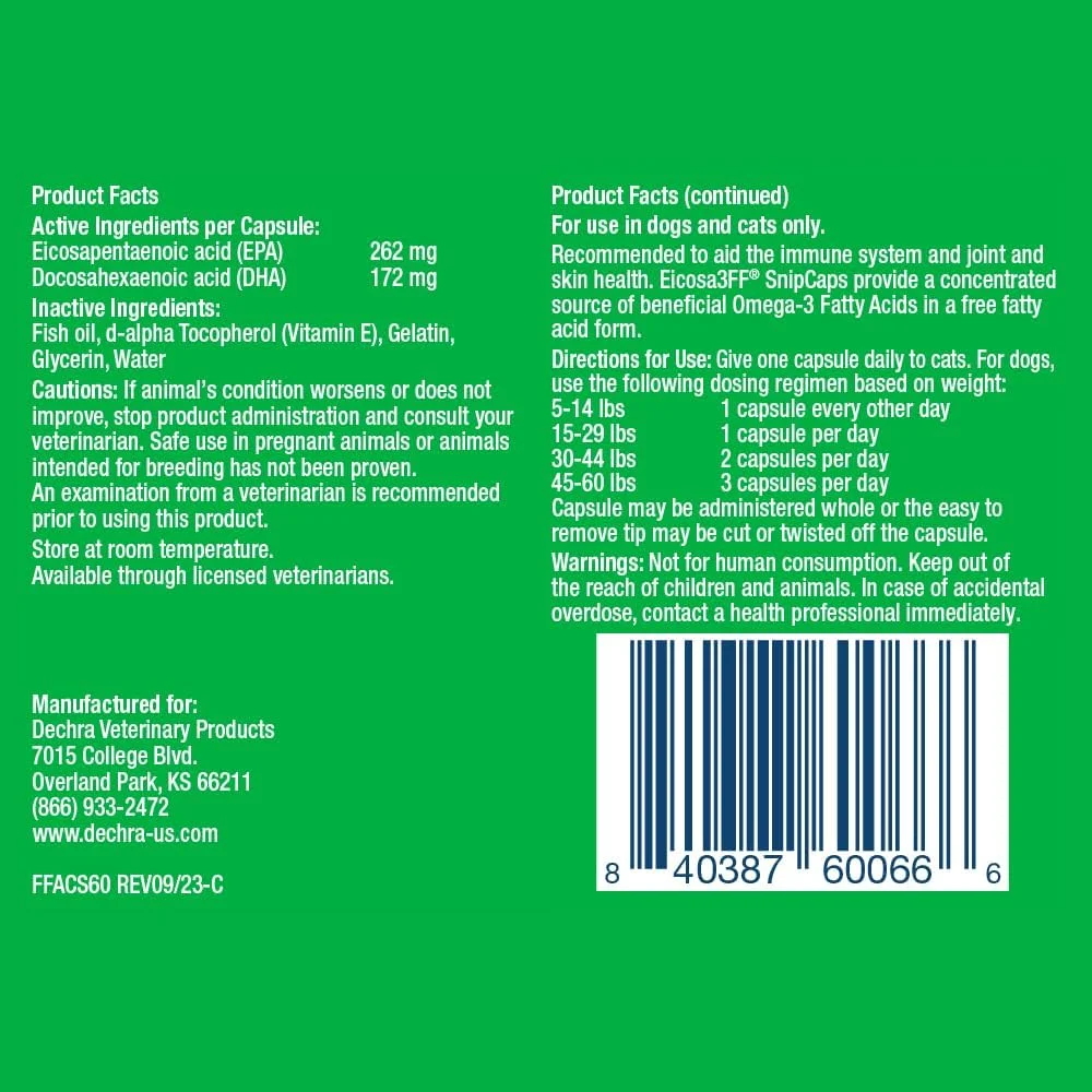 کپسول های اسید چرب امگا 3 Eicosa3FF SnipCaps برای سگ ها و گربه ها - کوچک، 60 عدد