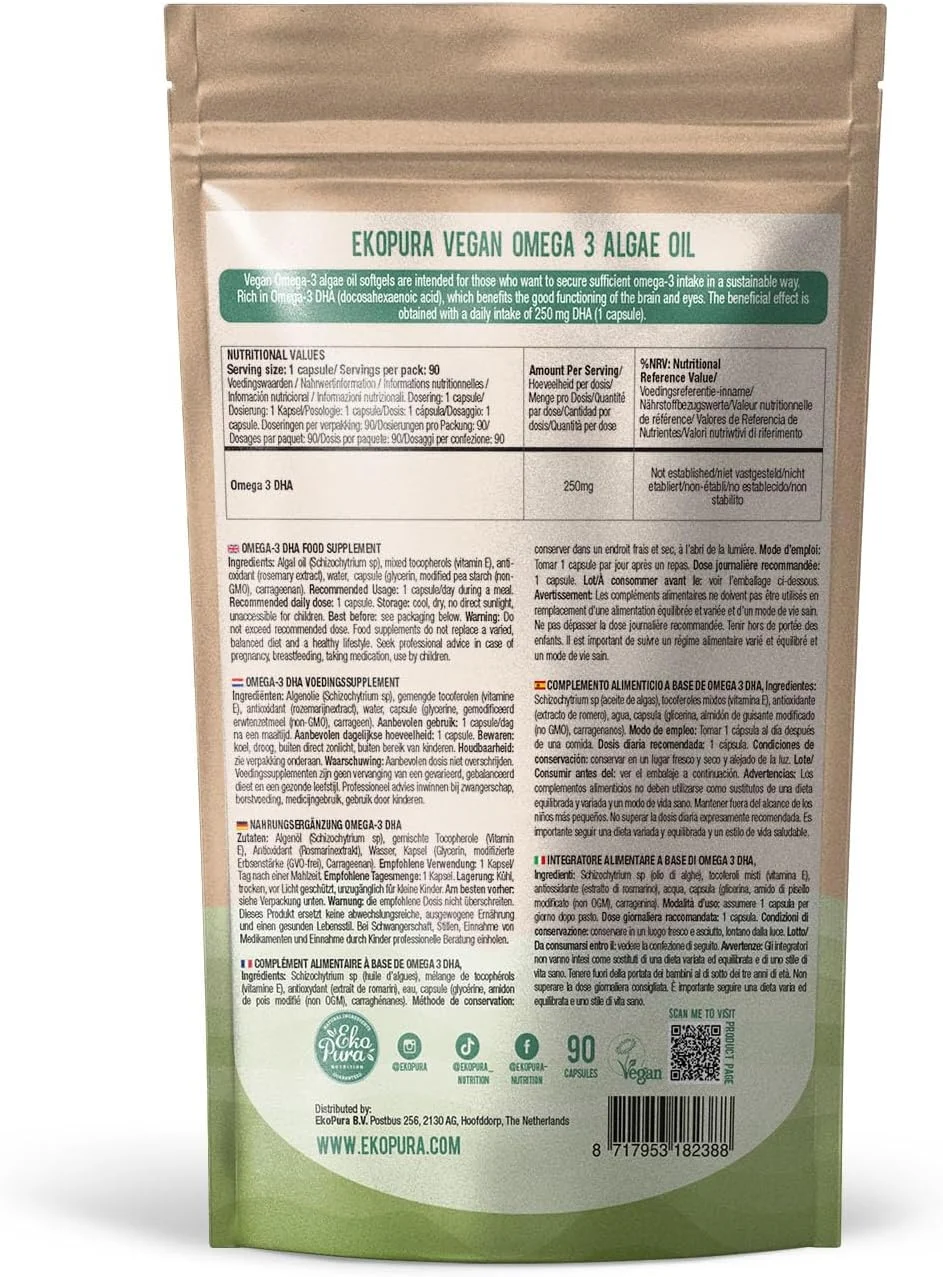 اکوپورا امگا 3 گیاهی - روغن جلبک، 90 کپسول کوچک (250 میلی گرم DHA در هر کپسول)، تامین 3 ماهه - جایگزین پایدار برای روغن ماهی اکوپورا امگا 3 گیاهی - روغن جلبک، 90 کپسول کوچک (250 میلی گرم DHA در هر کپسول)، تامین 3 ماهه - جایگزین پایدار برای روغن ماهی