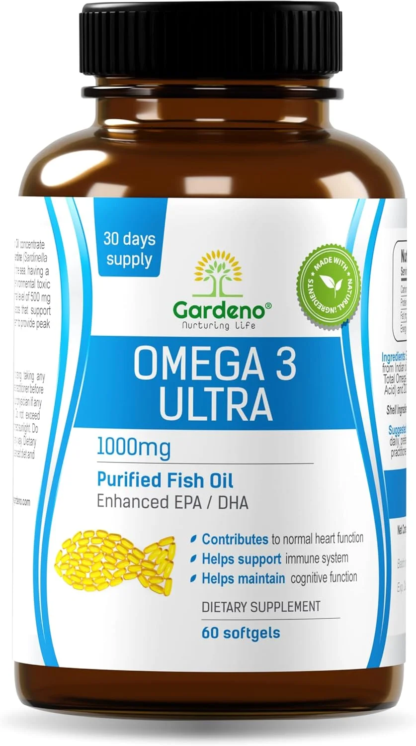 گاردنو نورچرینگ لایف امگا 3 اولترا - پشتیبانی از قلب و عروق، مغز و بینایی - روغن ماهی غلیظ شده تصفیه شده - 60 سافت ژل