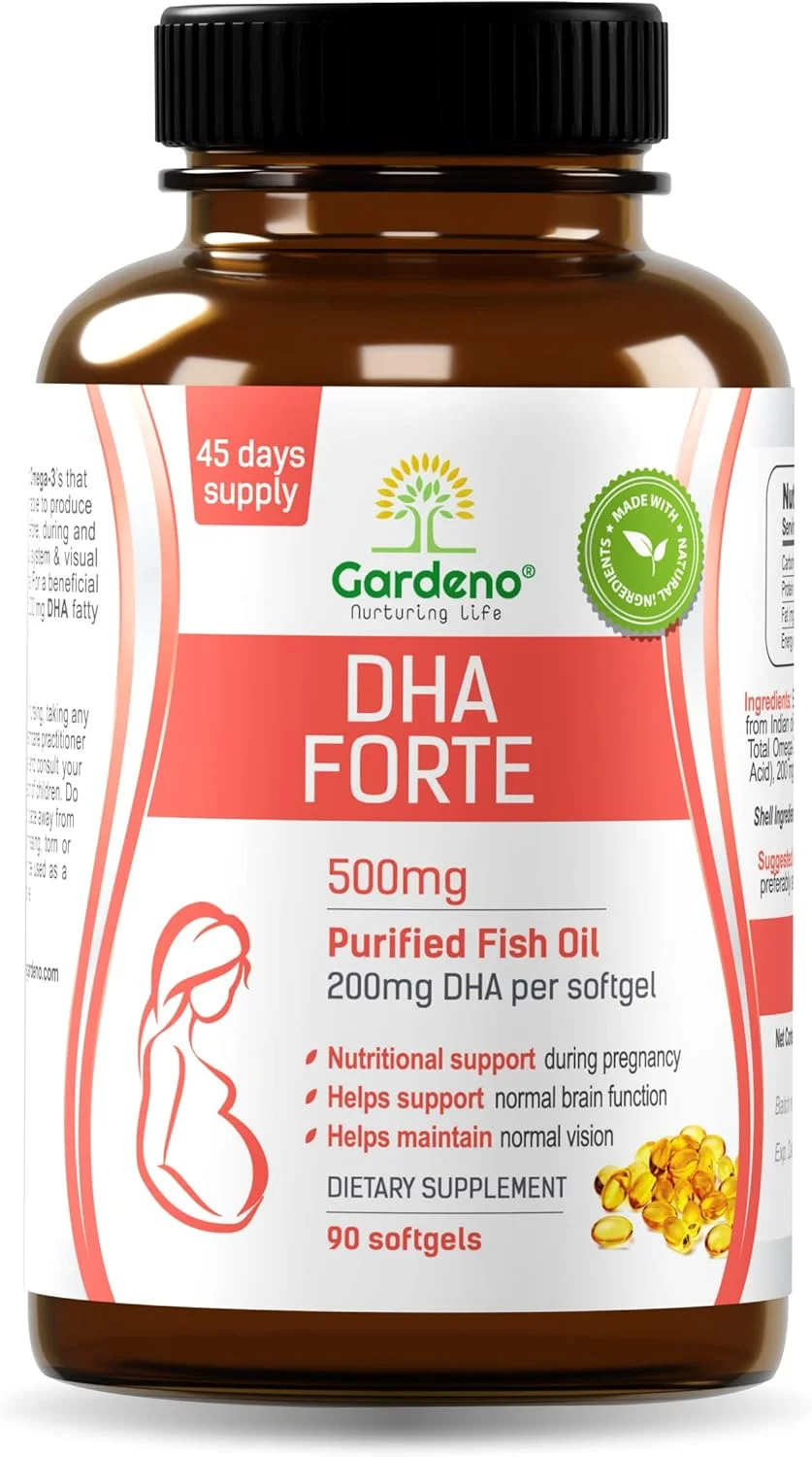 Gardeno Nurturing Life DHA Forte - بهترین DHA امگا 3 دوران بارداری - پشتیبانی از رشد مغز نوزادان در دوران بارداری و شیردهی، 90 سافت ژل، 500 میلی گرم
