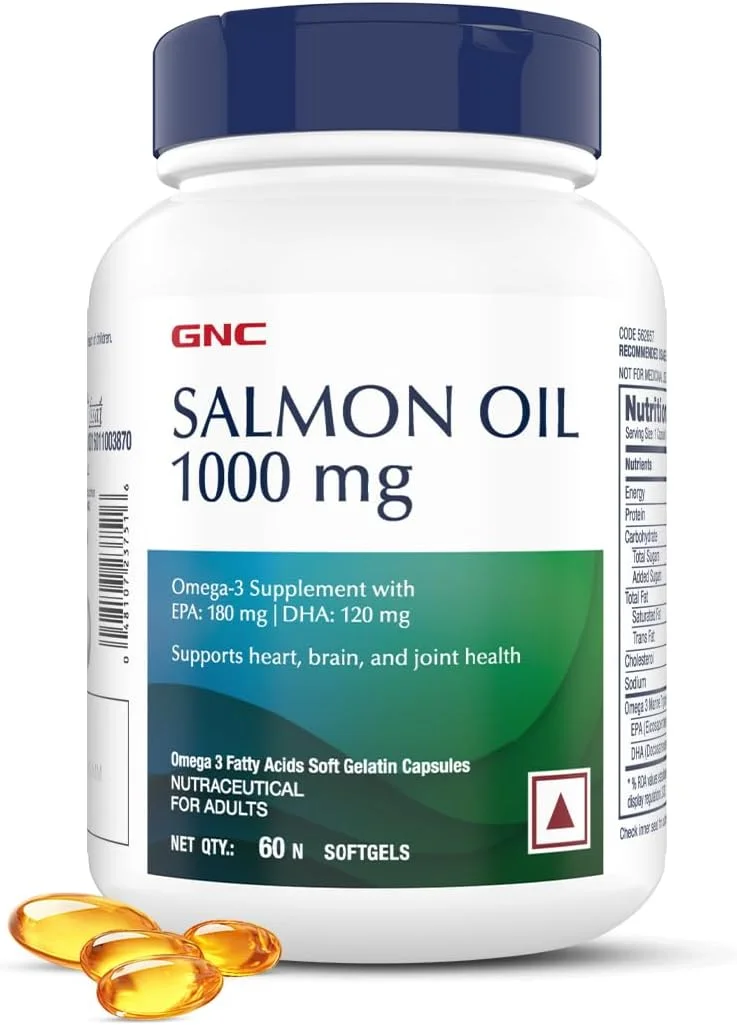روغن ماهی سالمون ۱۰۰۰ میلی گرم GNC برای آقایان و بانوان | 60 سافت ژل | سرشار از امگا 3 با EPA و DHA | تسکین دهنده درد مفاصل | تقویت سلامت قلب | پشتیبانی از حافظه | محافظت از سلامت چشم | فرموله شده در ایالات متحده آمریکا