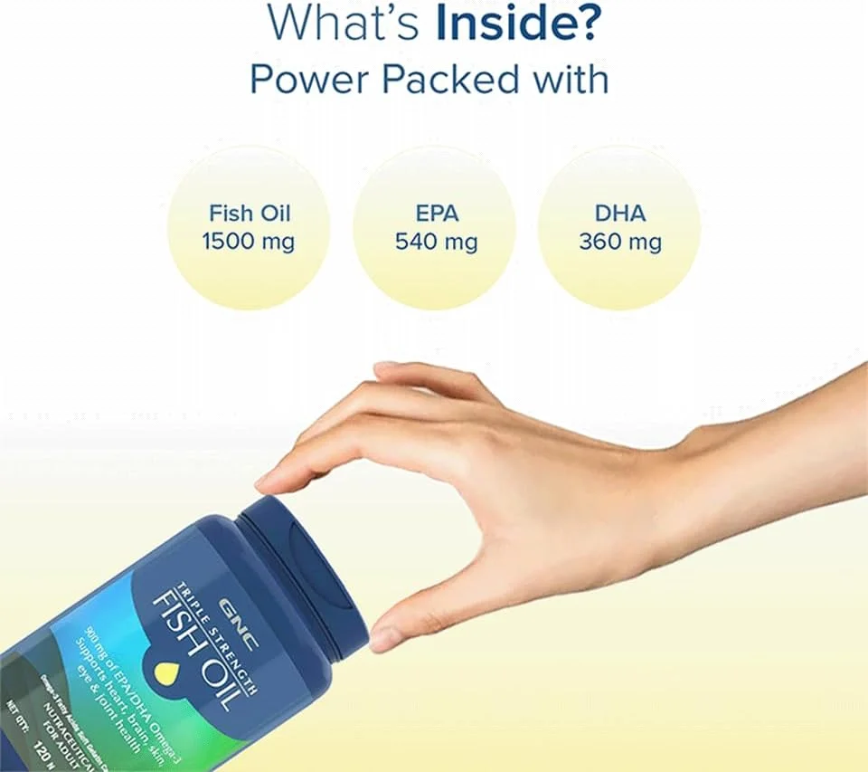 روغن ماهی سه گانه GNC با قدرت 1500 میلی گرم امگا 3 با 900 میلی گرم EPA و DHA | 120 سافت ژل | برای قلب، کلسترول سالم، راحتی مفاصل، تمرکز و بینایی | روکش روده ای برای عدم وجود طعم ماهی | فرموله شده در ایالات متحده آمریکا