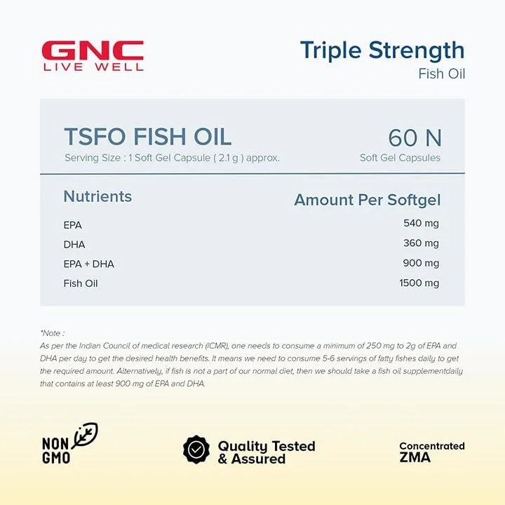 مکمل روغن ماهی سه گانه GNC با قدرت 1500 میلی گرم امگا 3 - 1500 میلی گرم امگا 3 شامل 540 میلی گرم EPA و 360 میلی گرم DHA - (60 سافت ژل)