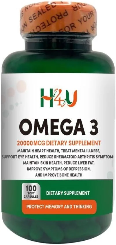 مکمل های امگا 3 فوق العاده قوی H4U، سافت ژل 20000 میکروگرم با EPA و DHA - پشتیبانی از سیستم ایمنی، سلامت مغز و قلب، تندرستی مطلوب - غیر GMO 100 سافت ژل. مکمل های امگا 3 فوق العاده قوی H4U، سافت ژل 20000 میکروگرم با EPA و DHA - پشتیبانی از سیستم ایمنی، سلامت مغز و قلب، تندرستی مطلوب - غیر GMO 100 سافت ژل.