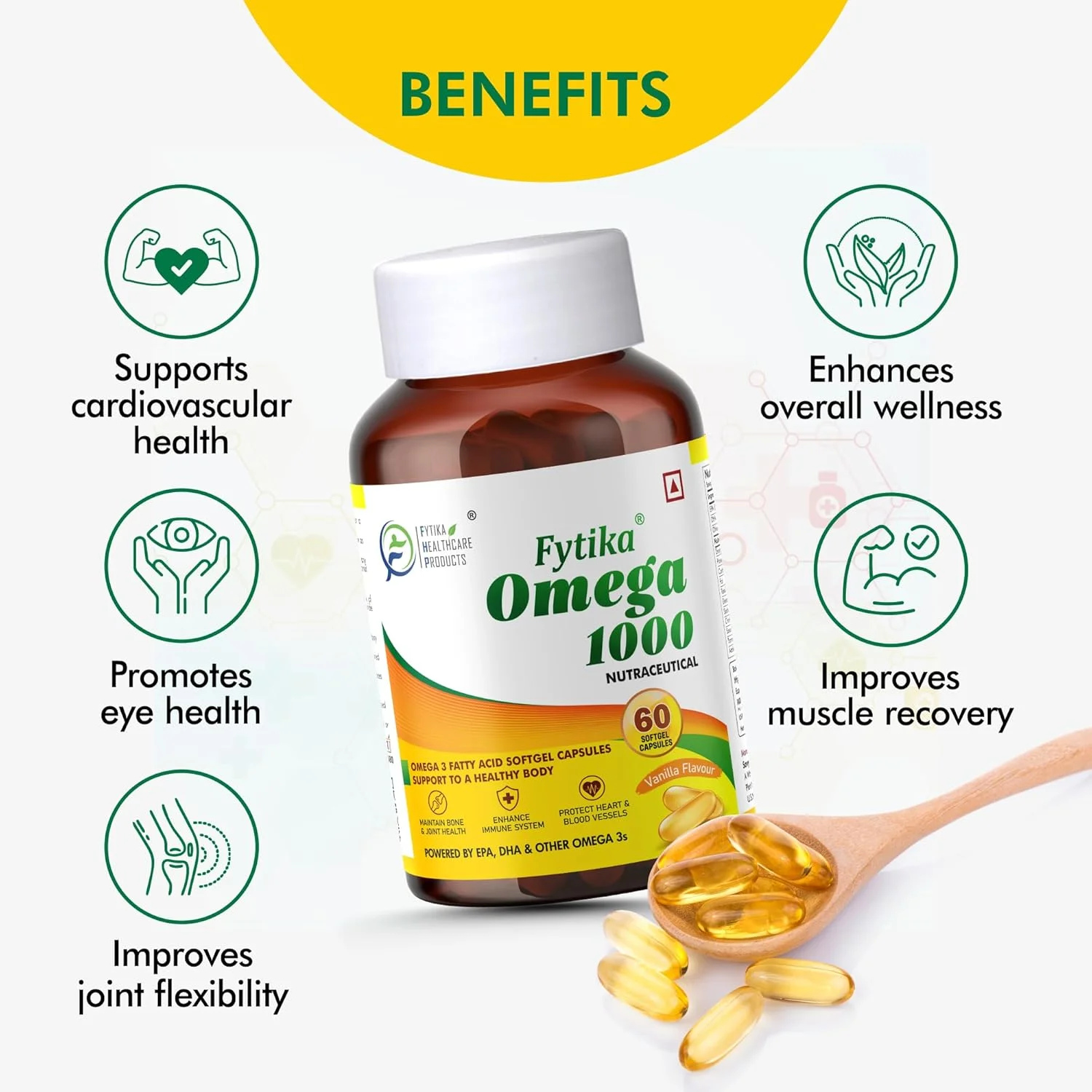 محصولات مراقبت بهداشتی فیتیکا امگا 1000 | روغن ماهی امگا 3 1000 میلی گرم | اسیدهای چرب امگا 3، EPA و DHA | برای حمایت از قلب، مغز، مفاصل و عضلات | کپسول امگا 3 برای مردان و زنان | 60 سافت ژل