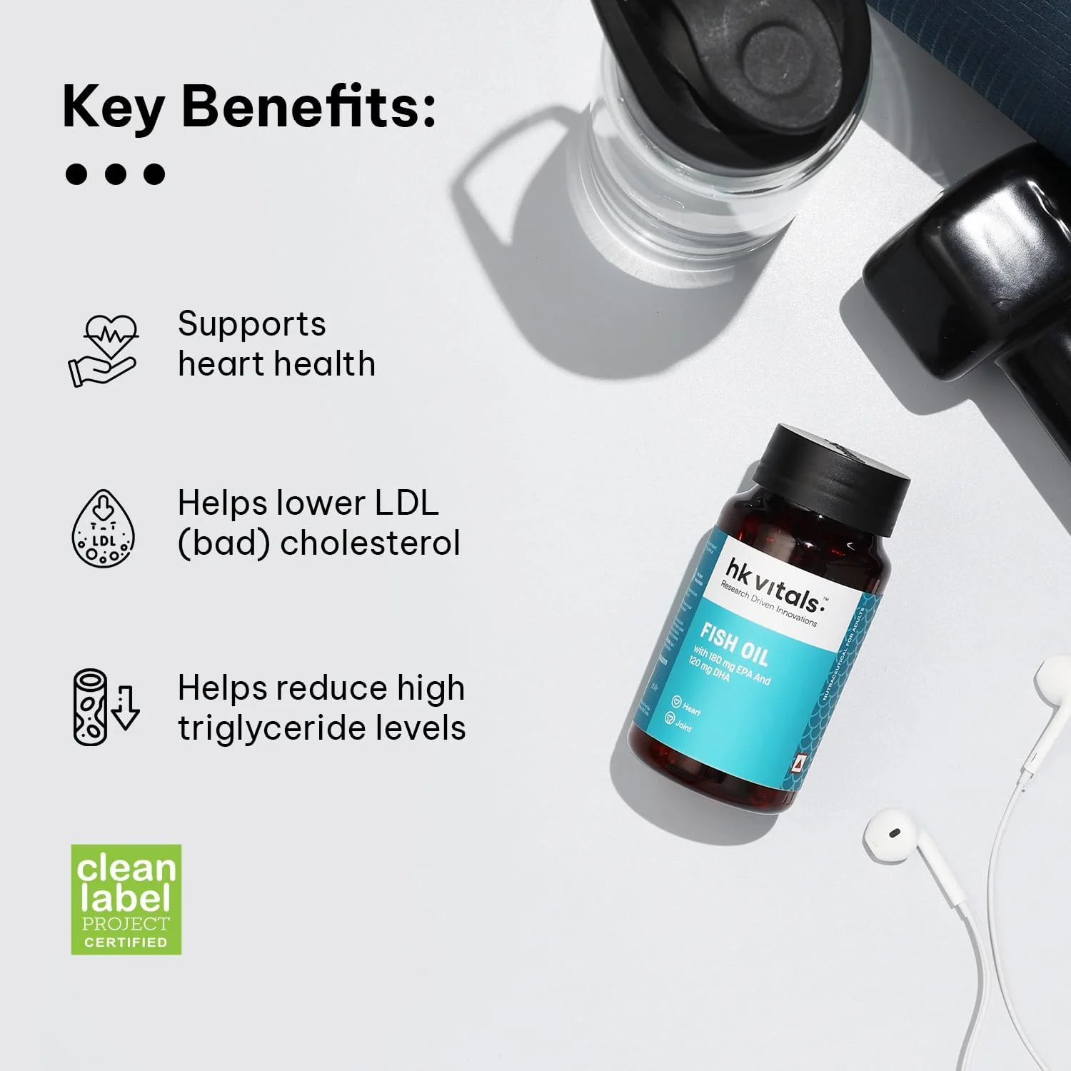 کپسول روغن ماهی HealthKart HK Vitals برای آقایان و بانوان (1000 میلی گرم امگا 3 با 180 میلی گرم EPA و 120 میلی گرم DHA)، برای سلامت مغز، قلب، چشم و مفاصل، 90 کپسول روغن ماهی امگا 3