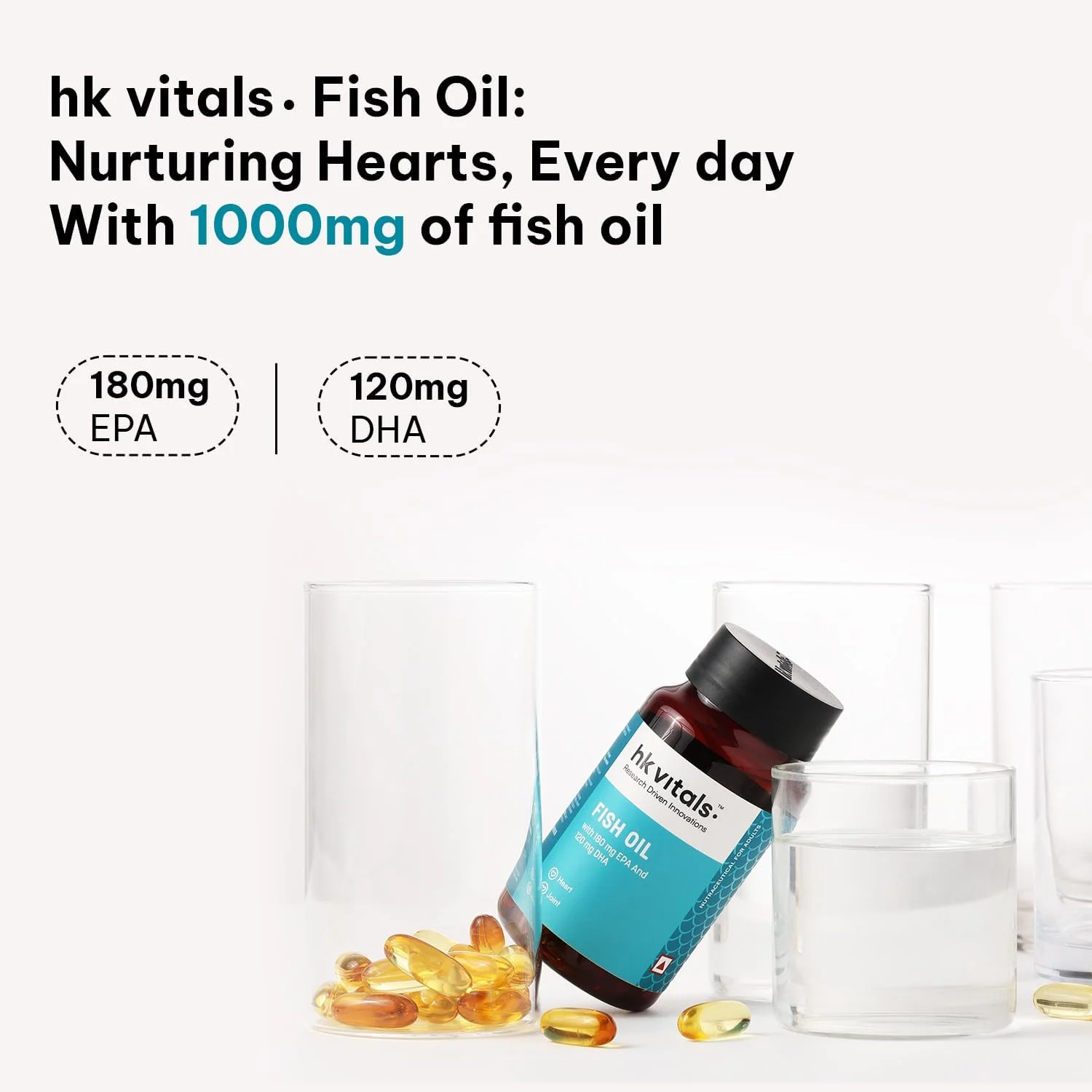 کپسول روغن ماهی HealthKart HK Vitals برای آقایان و بانوان (1000 میلی گرم امگا 3 با 180 میلی گرم EPA و 120 میلی گرم DHA)، برای سلامت مغز، قلب، چشم و مفاصل، 90 کپسول روغن ماهی امگا 3