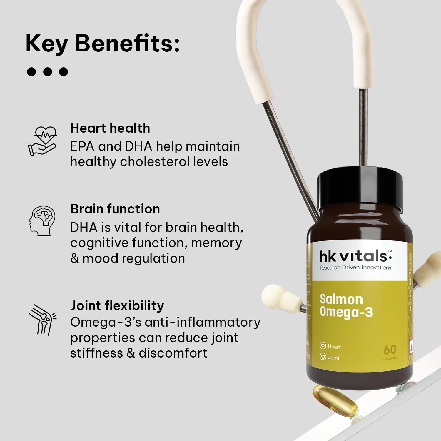 کپسول امگا 3 سالمون HealthKart HK Vitals، 60 عدد، 1000 میلی گرم روغن ماهی امگا 3 برای مردان و زنان با 180 میلی گرم EPA و 120 میلی گرم DHA، برای سلامت مفاصل، مغز و چشم، 60 امگا 3 سالمون