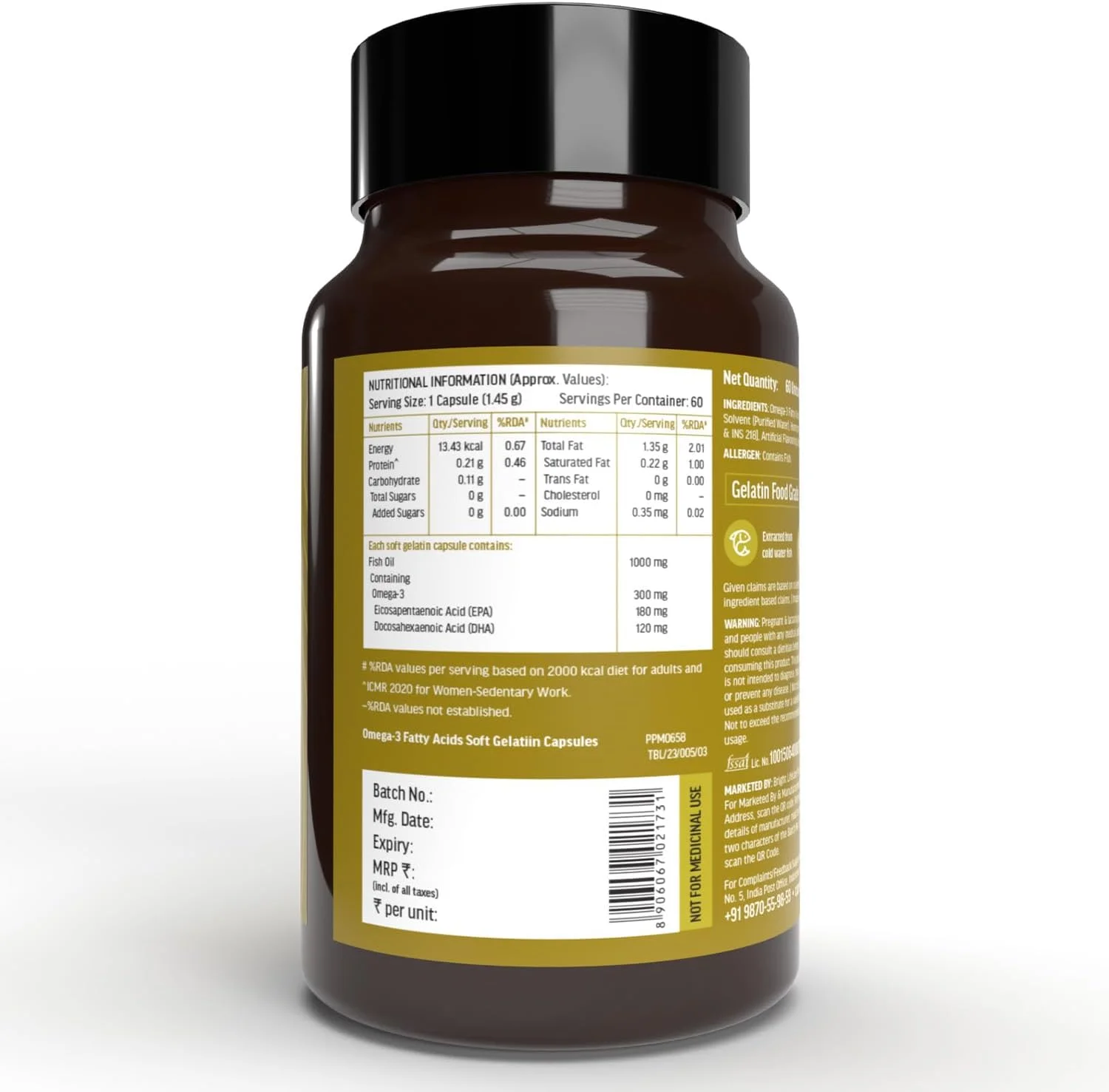 مکمل روغن ماهی امگا 3 HealthKart HK Vitals، 1000 میلی گرم امگا 3 با 180 میلی گرم EPA و 120 میلی گرم DHA، مولتی ویتامین با مواد معدنی، کلسیم، منیزیم و روی به همراه ویتامین D3، 60 قرص (بسته ترکیبی)