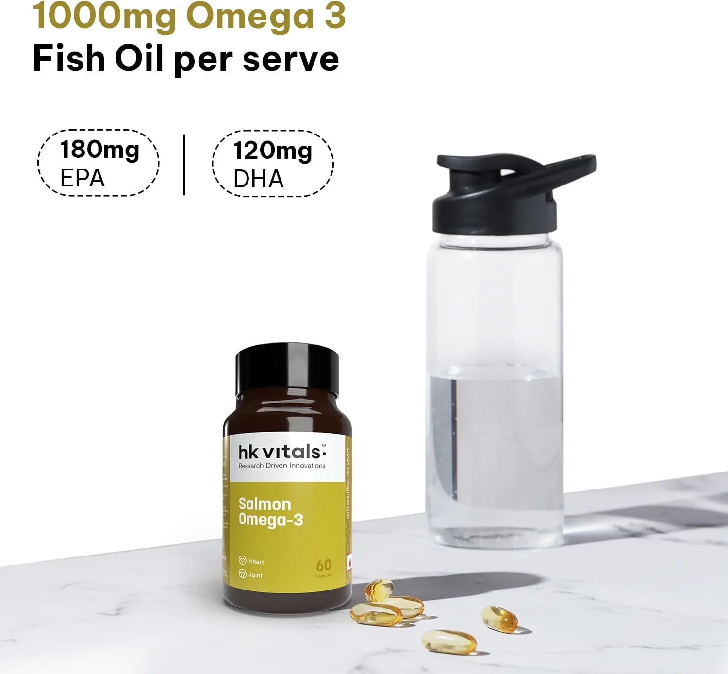 کپسول امگا 3 سالمون HealthKart HK Vitals، 60 عدد، 1000 میلی گرم روغن ماهی امگا 3 برای مردان و زنان با 180 میلی گرم EPA و 120 میلی گرم DHA، برای سلامت مفاصل، مغز و چشم، 60 امگا 3 سالمون