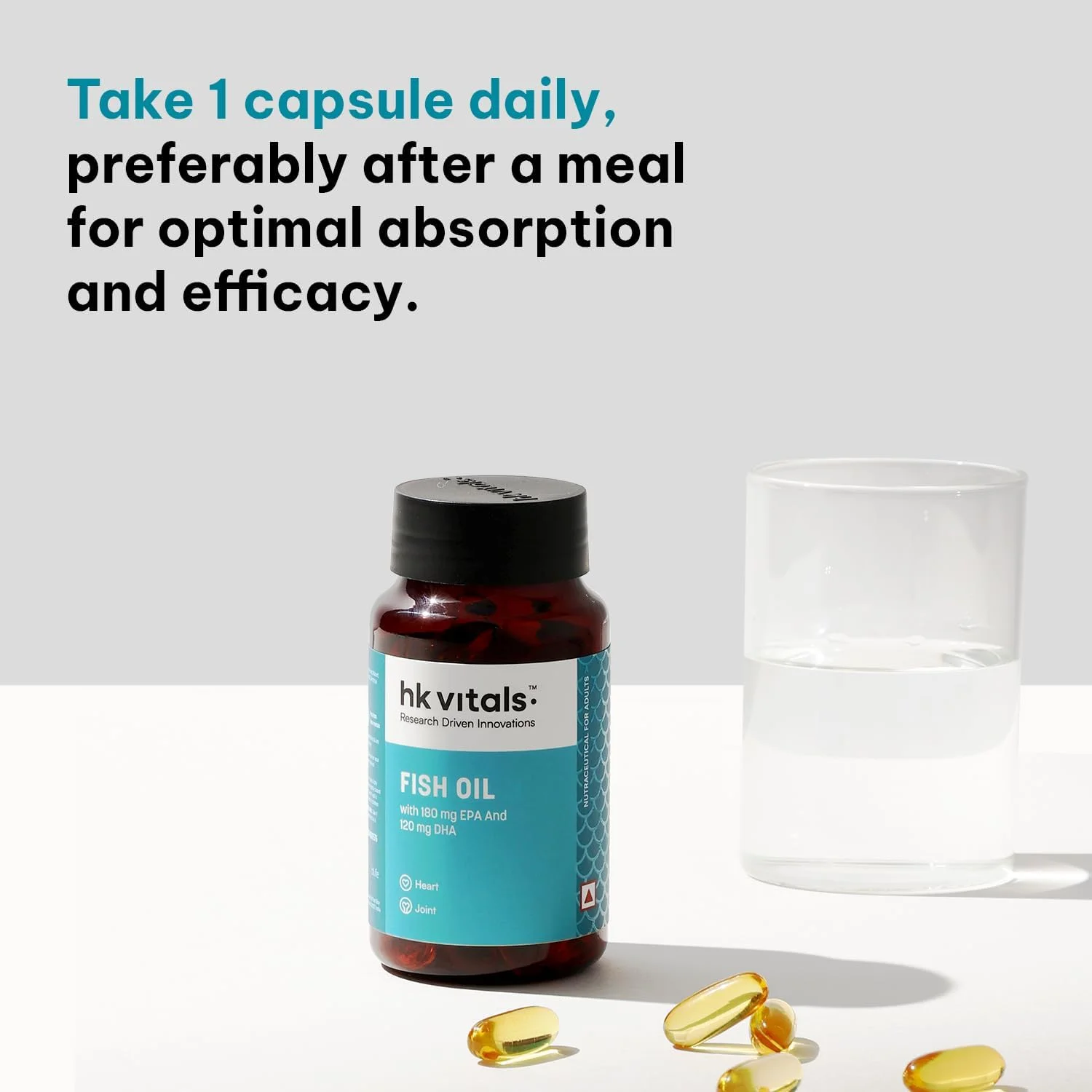 کپسول روغن ماهی HealthKart HK Vitals برای آقایان و بانوان (1000 میلی گرم امگا 3 با 180 میلی گرم EPA و 120 میلی گرم DHA)، برای سلامت مغز، قلب، چشم و مفاصل، 90 کپسول روغن ماهی امگا 3