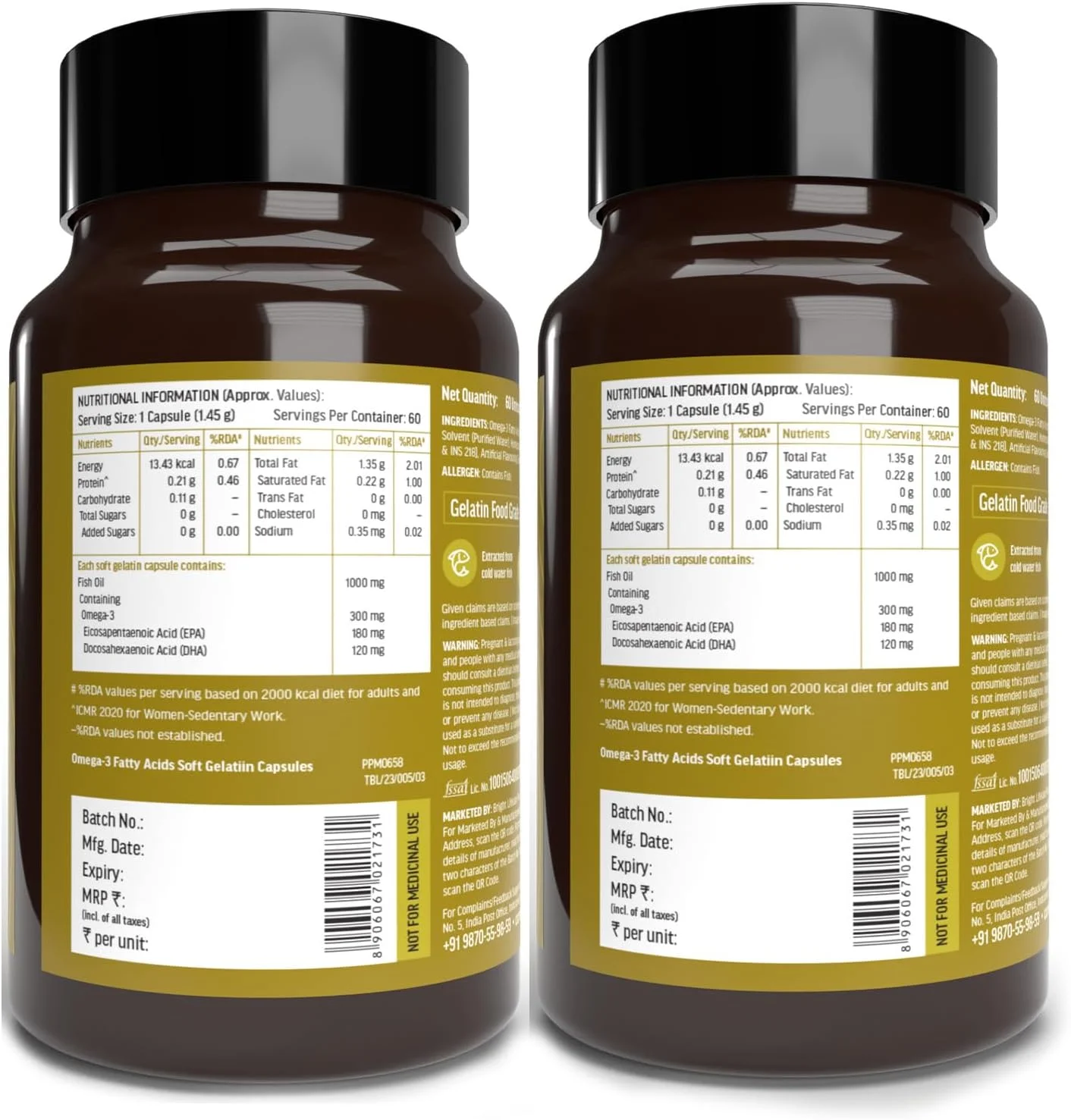 مکمل روغن ماهی امگا 3 اچ کی ویتالز هلث کارت، 1000 میلی گرم امگا 3 با 180 میلی گرم EPA و 120 میلی گرم DHA، برای سلامت مغز، قلب و مفاصل، 60 کپسول روغن ماهی (بسته 2 عددی)