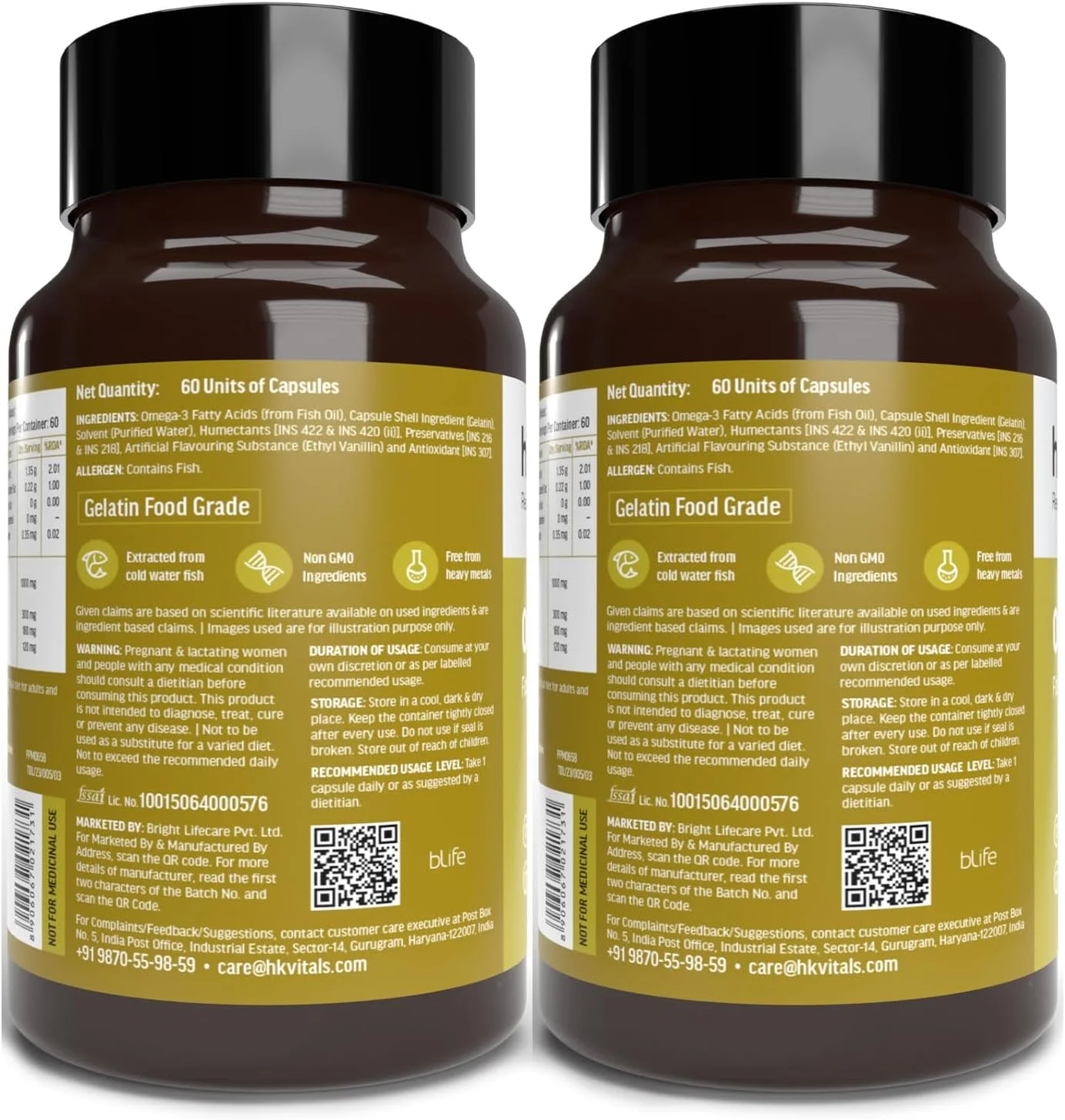 مکمل روغن ماهی امگا 3 اچ کی ویتالز هلث کارت، 1000 میلی گرم امگا 3 با 180 میلی گرم EPA و 120 میلی گرم DHA، برای سلامت مغز، قلب و مفاصل، 60 کپسول روغن ماهی (بسته 2 عددی)