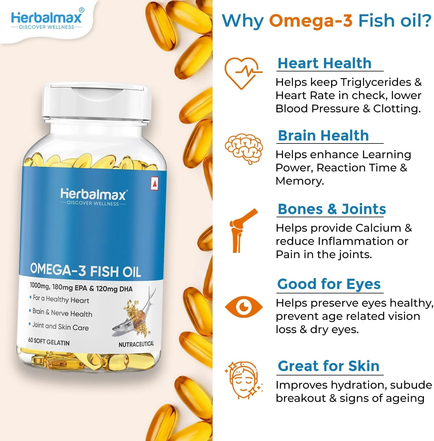 کپسول روغن ماهی امگا 3 گیاهی برای آقایان و بانوان (1000 میلی گرم امگا 3 با 180 میلی گرم EPA و 120 میلی گرم DHA)، برای سلامت مغز، قلب، چشم و مفاصل، 60 کپسول روغن ماهی امگا 3