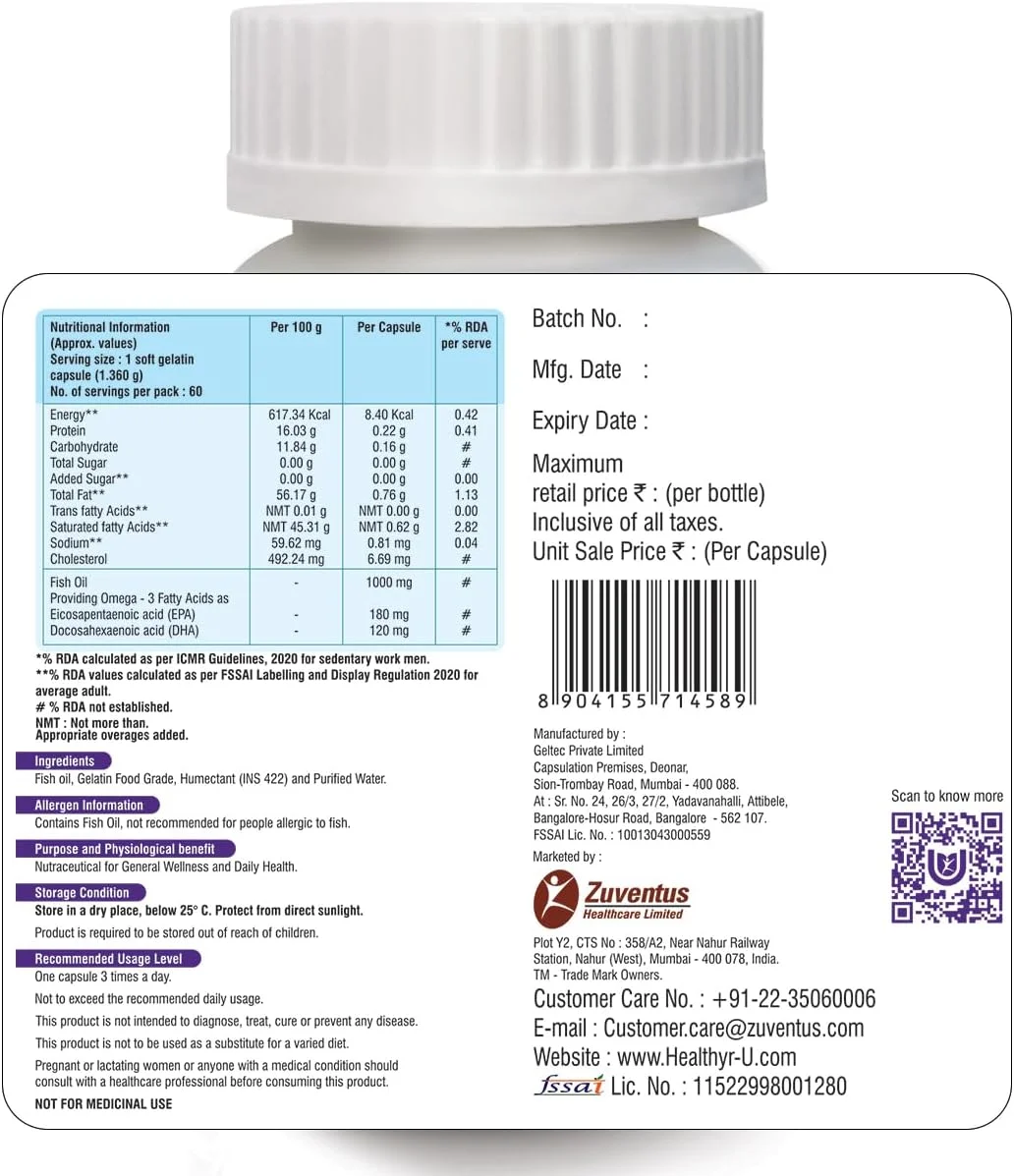 روغن ماهی امگا 3 ایسلندی Healthyr-U | 1000 میلی گرم امگا 3 برای آقایان و بانوان حاوی EPA و DHA | پشتیبانی از سلامت قلب، مغز، چشم و مفاصل | (60 کپسول)