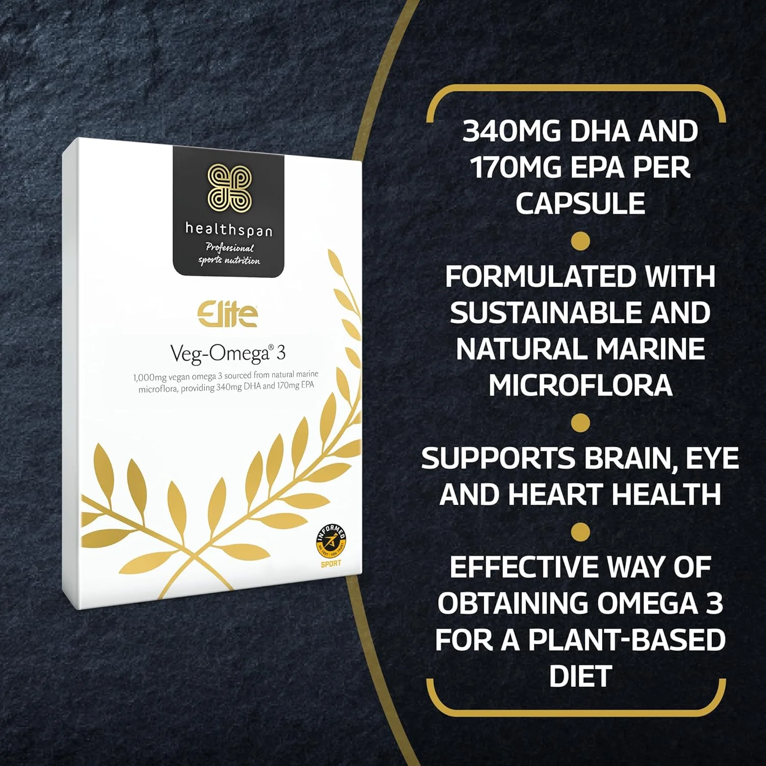 امگا 3 گیاهی الیت هلث‌اسپن 1000 میلی‌گرم (تامین 2 ماهه) | پشتیبانی از سلامت مغز، چشم و قلب | منبع پایدار | شریک رسمی آل بلک‌ها | دارای تاییدیه Informed Sport | وگان