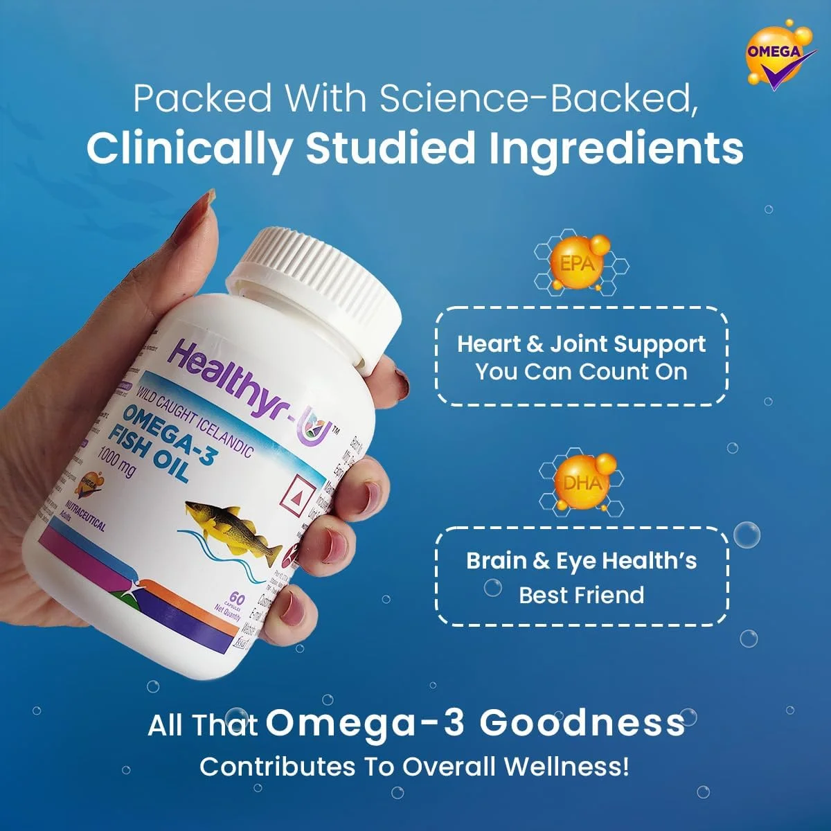 روغن ماهی امگا 3 ایسلندی Healthyr-U | 1000 میلی گرم امگا 3 برای آقایان و بانوان حاوی EPA و DHA | پشتیبانی از سلامت قلب، مغز، چشم و مفاصل | (60 کپسول)