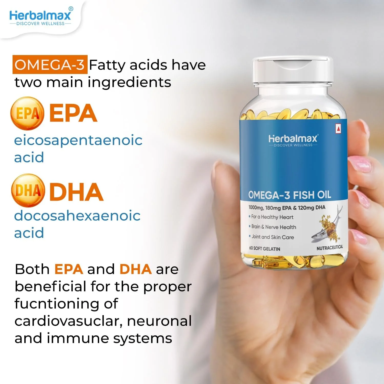 کپسول روغن ماهی امگا 3 گیاهی برای آقایان و بانوان (1000 میلی گرم امگا 3 با 180 میلی گرم EPA و 120 میلی گرم DHA)، برای سلامت مغز، قلب، چشم و مفاصل، 60 کپسول روغن ماهی امگا 3