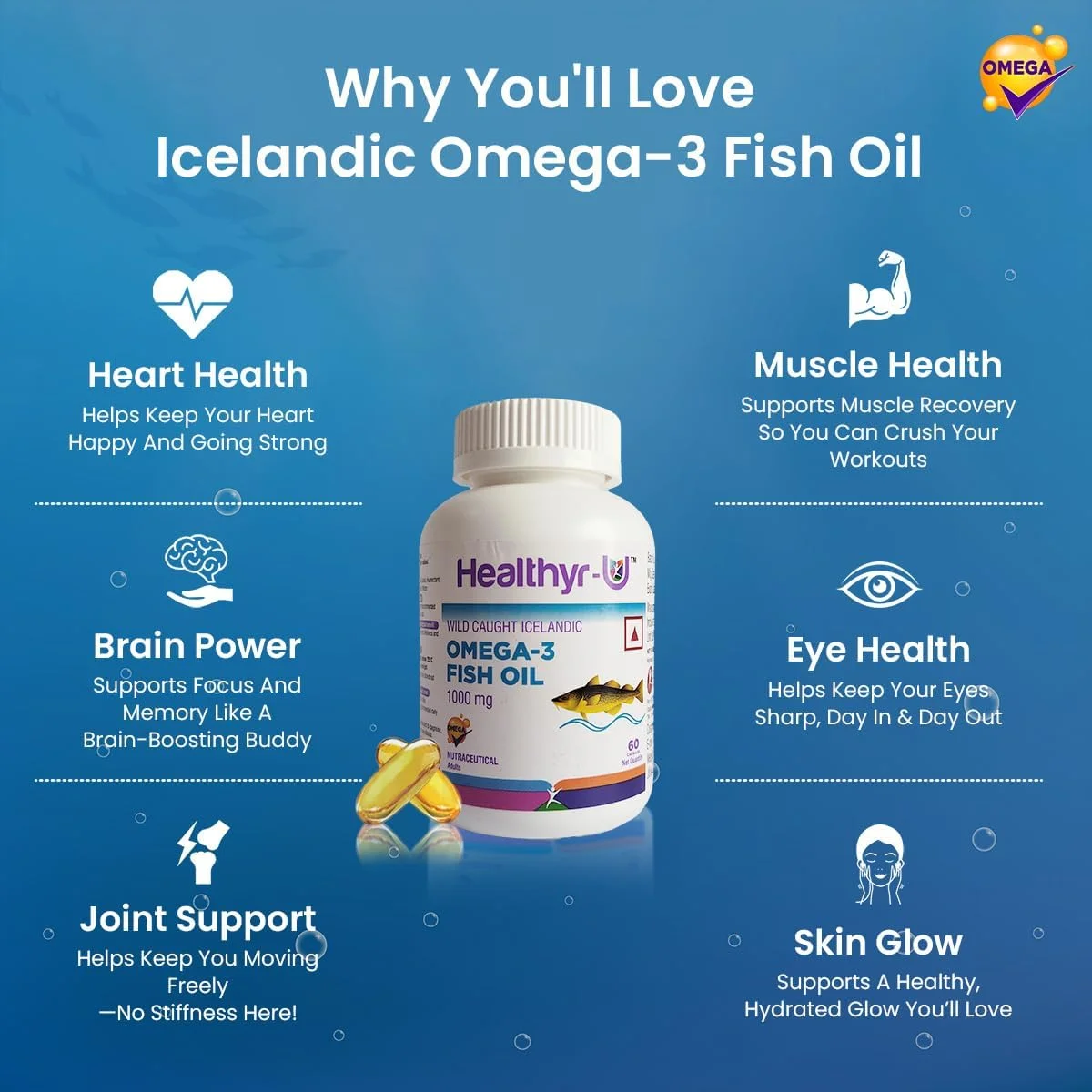 روغن ماهی امگا 3 ایسلندی Healthyr-U | 1000 میلی گرم امگا 3 برای آقایان و بانوان حاوی EPA و DHA | پشتیبانی از سلامت قلب، مغز، چشم و مفاصل | (60 کپسول)