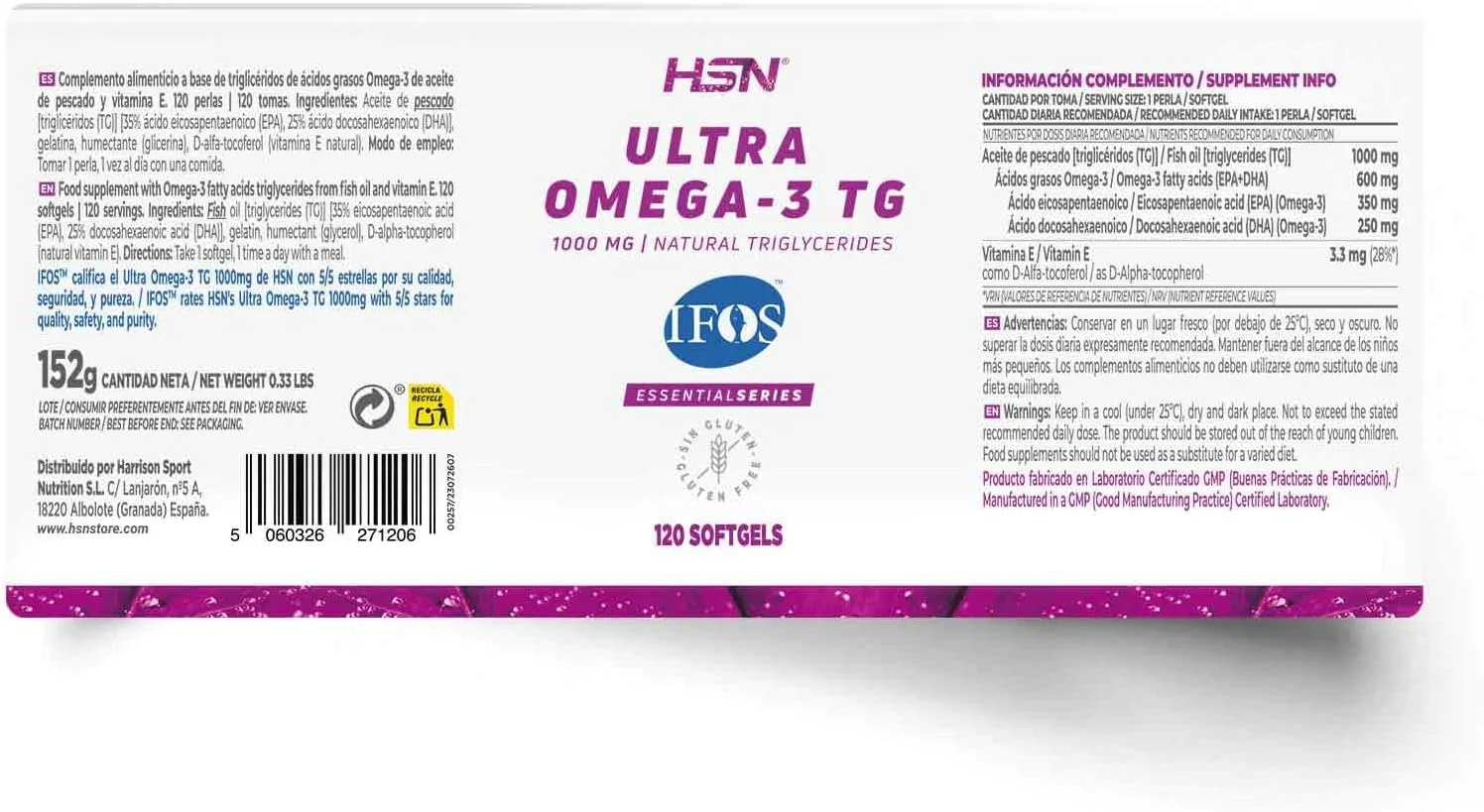 HSN Ultra Omega 3 TG (ماده اولیه دارای گواهینامه IFOS™ 5 ستاره) | روغن ماهی + ویتامین E | بسیار غلیظ، اسیدهای چرب ضروری 350 میلی گرم EPA + 250 میلی گرم DHA | ضد التهاب طبیعی (120 سافت ژل)