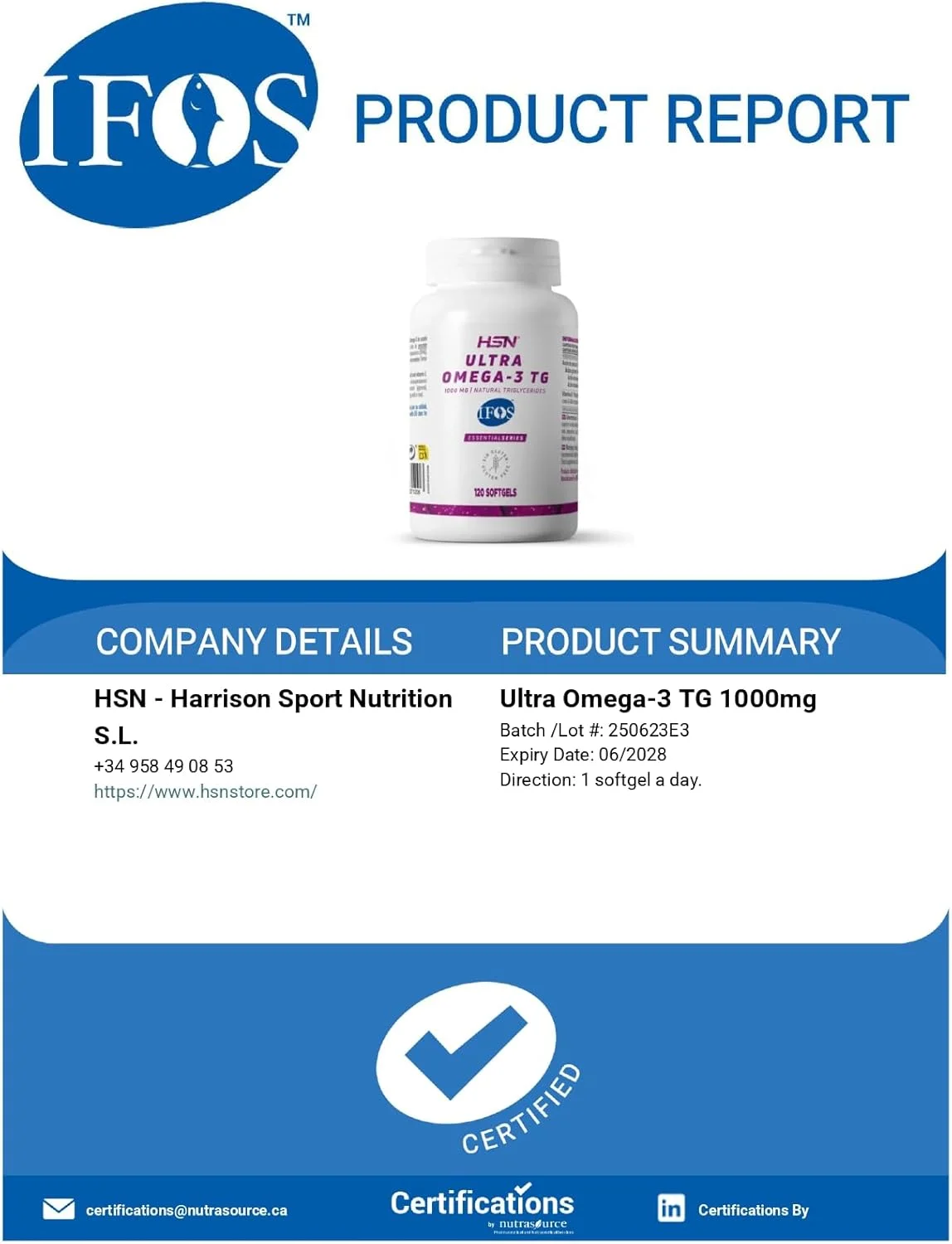 HSN Ultra Omega 3 TG (ماده اولیه دارای گواهینامه IFOS™ 5 ستاره) | روغن ماهی + ویتامین E | بسیار غلیظ، اسیدهای چرب ضروری 350 میلی گرم EPA + 250 میلی گرم DHA | ضد التهاب طبیعی (120 سافت ژل)