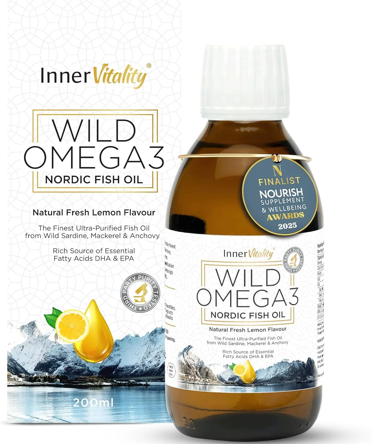 روغن ماهی امگا 3 مایع Inner Vitality - طعم لیموی تازه و طبیعی بدون طعم ماهی، DHA/EPA با قدرت بالا - تهیه شده از روغن ماهی نوردیک صید شده در طبیعت | خلوص تایید شده توسط شخص ثالث روغن ماهی امگا 3 مایع Inner Vitality - طعم لیموی تازه و طبیعی بدون طعم ماهی، DHA/EPA با قدرت بالا - تهیه شده از روغن ماهی نوردیک صید شده در طبیعت | خلوص تایید شده توسط شخص ثالث