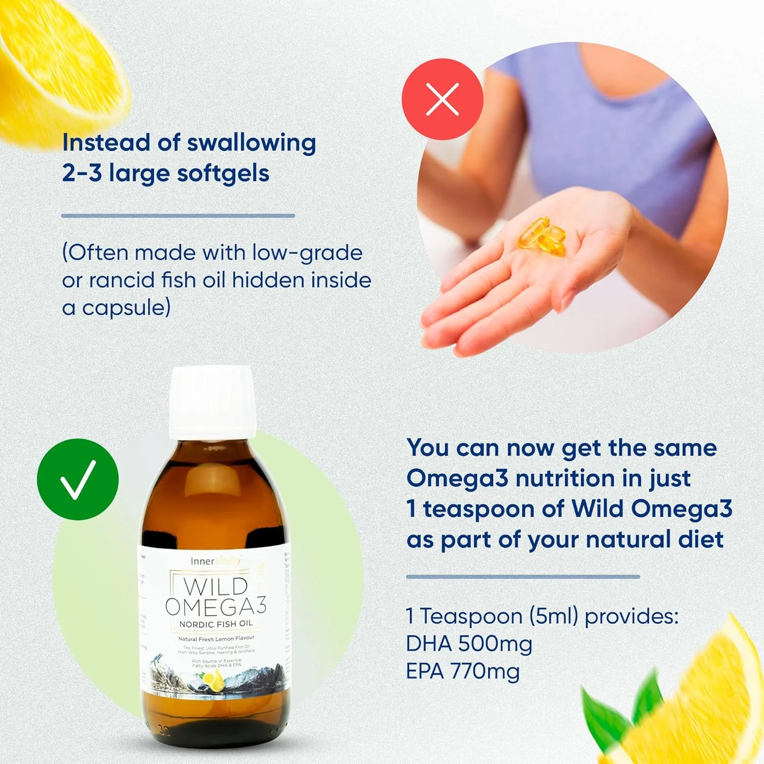 روغن ماهی امگا 3 مایع Inner Vitality - طعم لیموی تازه و طبیعی بدون طعم ماهی، DHA/EPA با قدرت بالا - تهیه شده از روغن ماهی نوردیک صید شده در طبیعت | خلوص تایید شده توسط شخص ثالث
