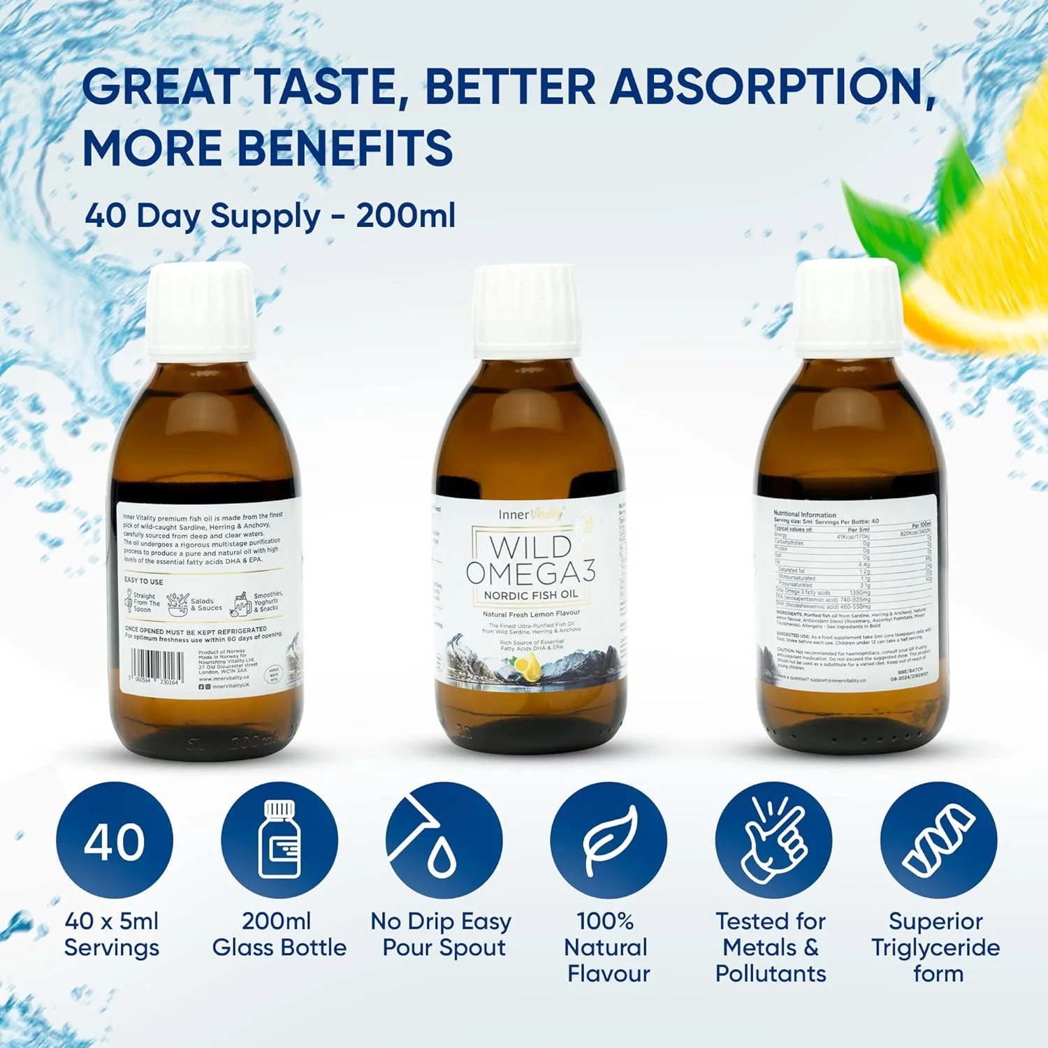 روغن ماهی امگا 3 مایع Inner Vitality - طعم لیموی تازه و طبیعی بدون طعم ماهی، DHA/EPA با قدرت بالا - تهیه شده از روغن ماهی نوردیک صید شده در طبیعت | خلوص تایید شده توسط شخص ثالث