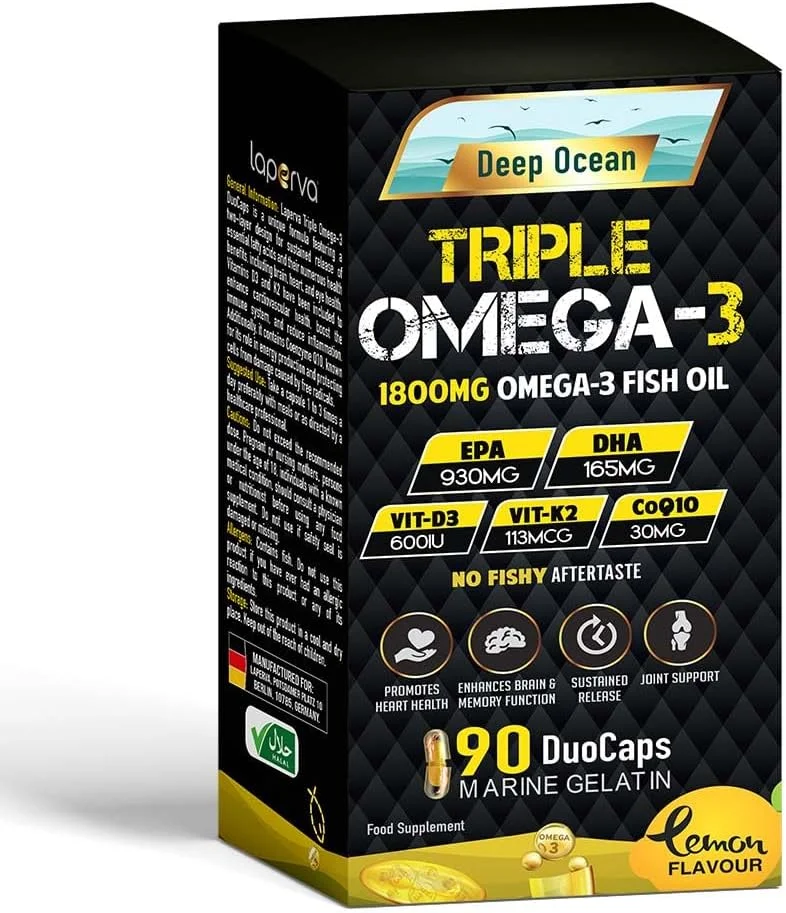 لاپروا تریپل امگا 3 دوئو کپس - فرمول پیشرفته برای سلامت قلب، مغز و چشم، شامل ویتامین D3 و K2 و کوآنزیم Q10 - (1800 میلی گرم - 90 دوئو کپسول)