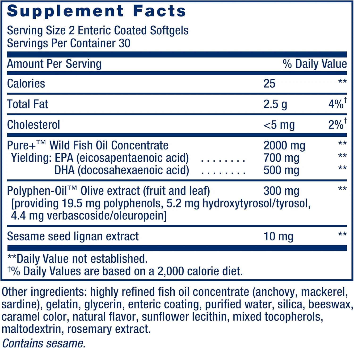 مکمل روغن ماهی امگا 3 EPA/DHA لایف اکستنشن با لیگنان کنجد و عصاره زیتون - دارای گواهینامه 5 ستاره IFOS - فاقد گلوتن، غیر تراریخته - 60 سافت ژل