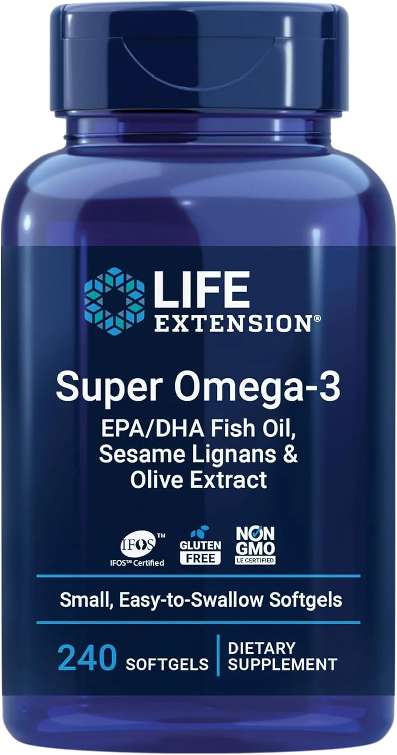 مکمل سوپر امگا 3 لایف اکستنشن حاوی روغن ماهی EPA/DHA، لیگنان کنجد و عصاره زیتون برای سلامت قلب و پشتیبانی از مغز، بدون گلوتن، غیر تراریخته، بلع آسان، 240 سافت ژل
