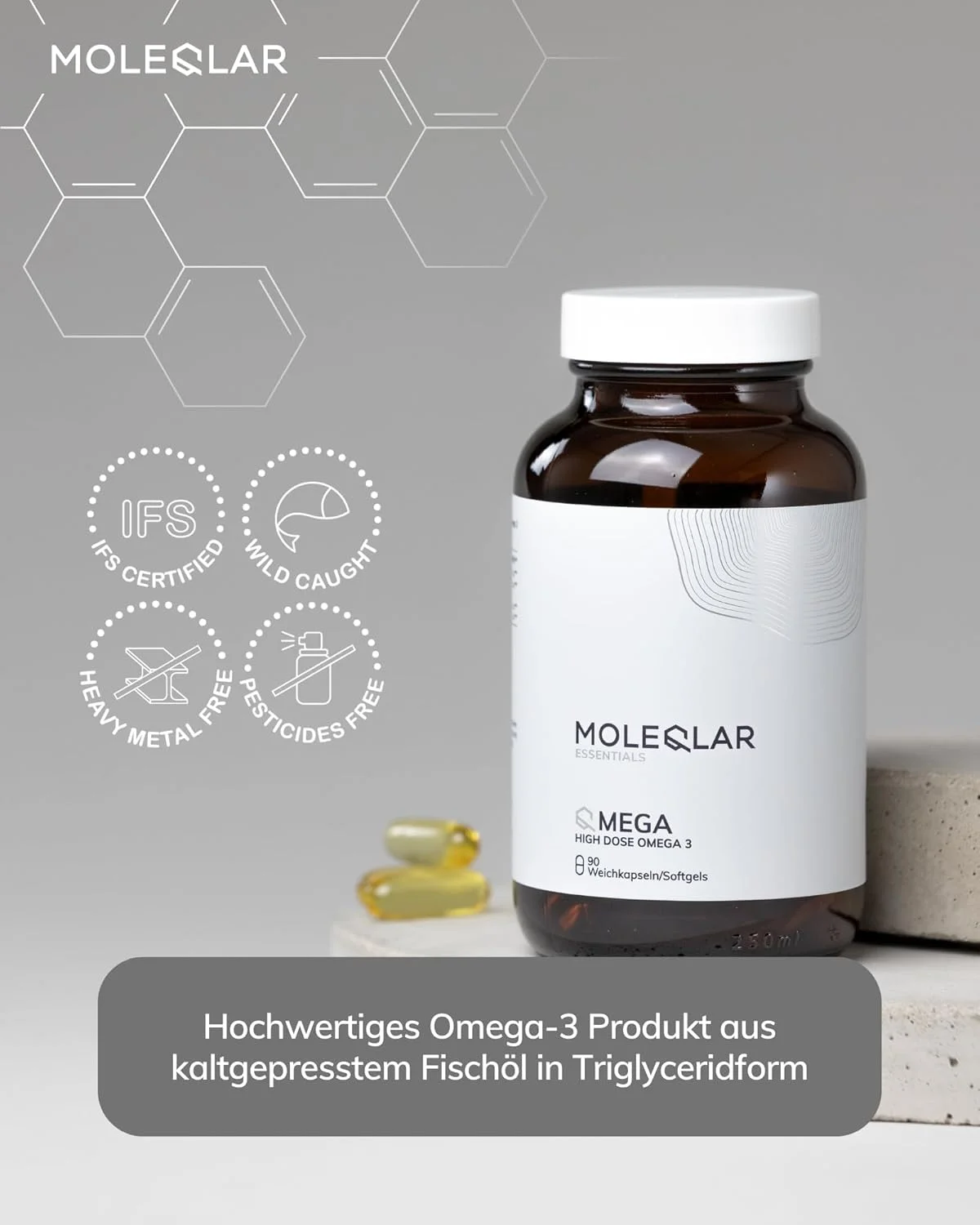 مولکولار امگا 3، 90 کپسول - دوز بالا با 1000 میلی گرم روغن ماهی با کیفیت در هر کپسول - 2250 میلی گرم DHA/EPA در هر وعده - فرم تری گلیسیرید - فاقد آفت کش ها و فلزات سنگین