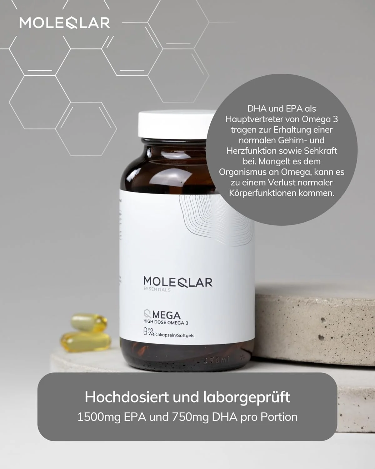مولکولار امگا 3، 90 کپسول - دوز بالا با 1000 میلی گرم روغن ماهی با کیفیت در هر کپسول - 2250 میلی گرم DHA/EPA در هر وعده - فرم تری گلیسیرید - فاقد آفت کش ها و فلزات سنگین