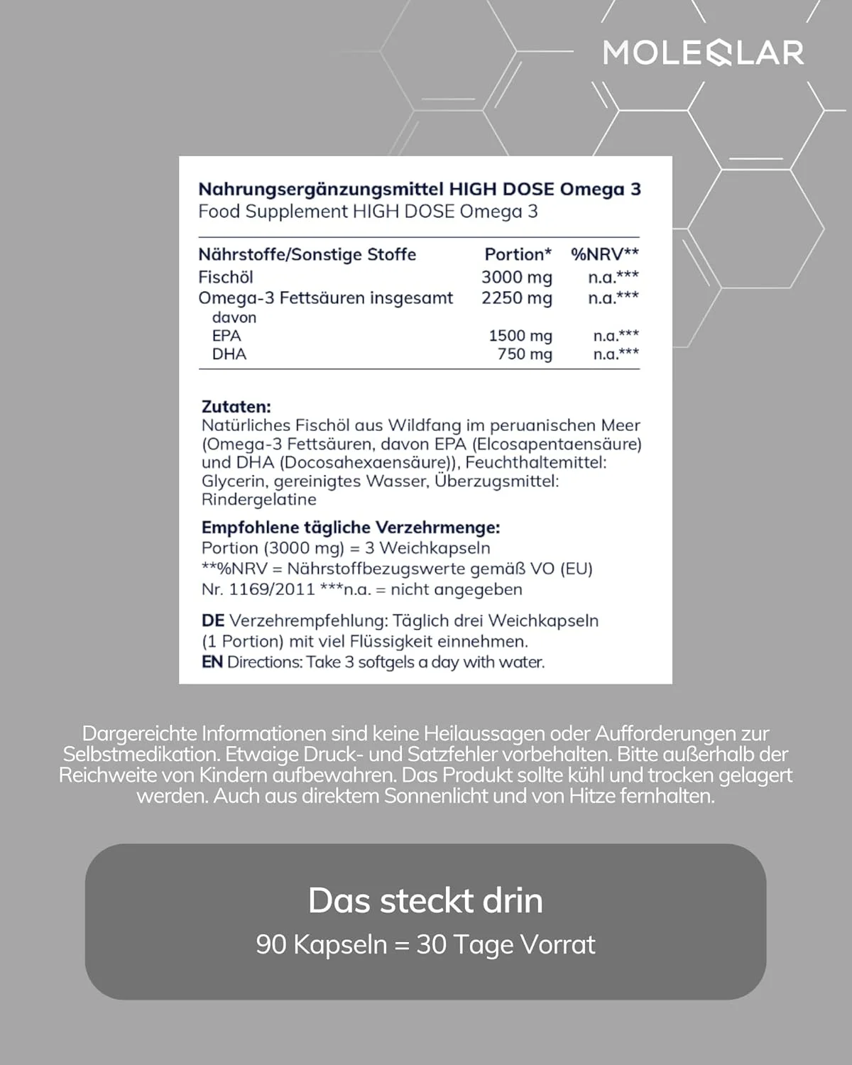 مولکولار امگا 3، 90 کپسول - دوز بالا با 1000 میلی گرم روغن ماهی با کیفیت در هر کپسول - 2250 میلی گرم DHA/EPA در هر وعده - فرم تری گلیسیرید - فاقد آفت کش ها و فلزات سنگین