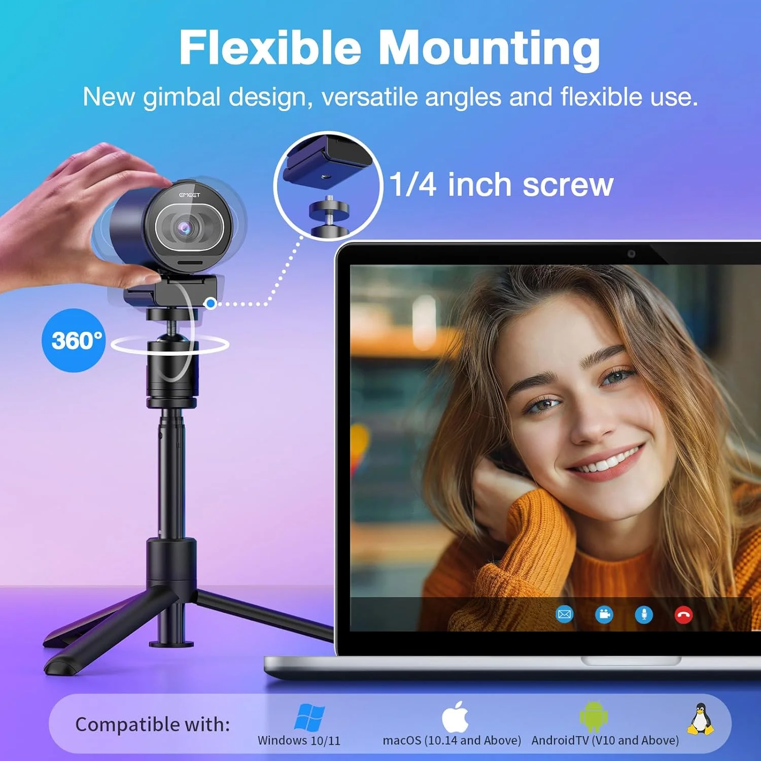وب کم 4K ایمیت مدل S600 به همراه سه پایه، 2 میکروفون حذف نویز، زاویه دید قابل تنظیم 40 تا 73 درجه، فوکوس خودکار PDAF، پوشش حریم خصوصی داخلی، دوربین استریمینگ برای بازی، تماس تصویری/زوم/اسکایپ/تیمز