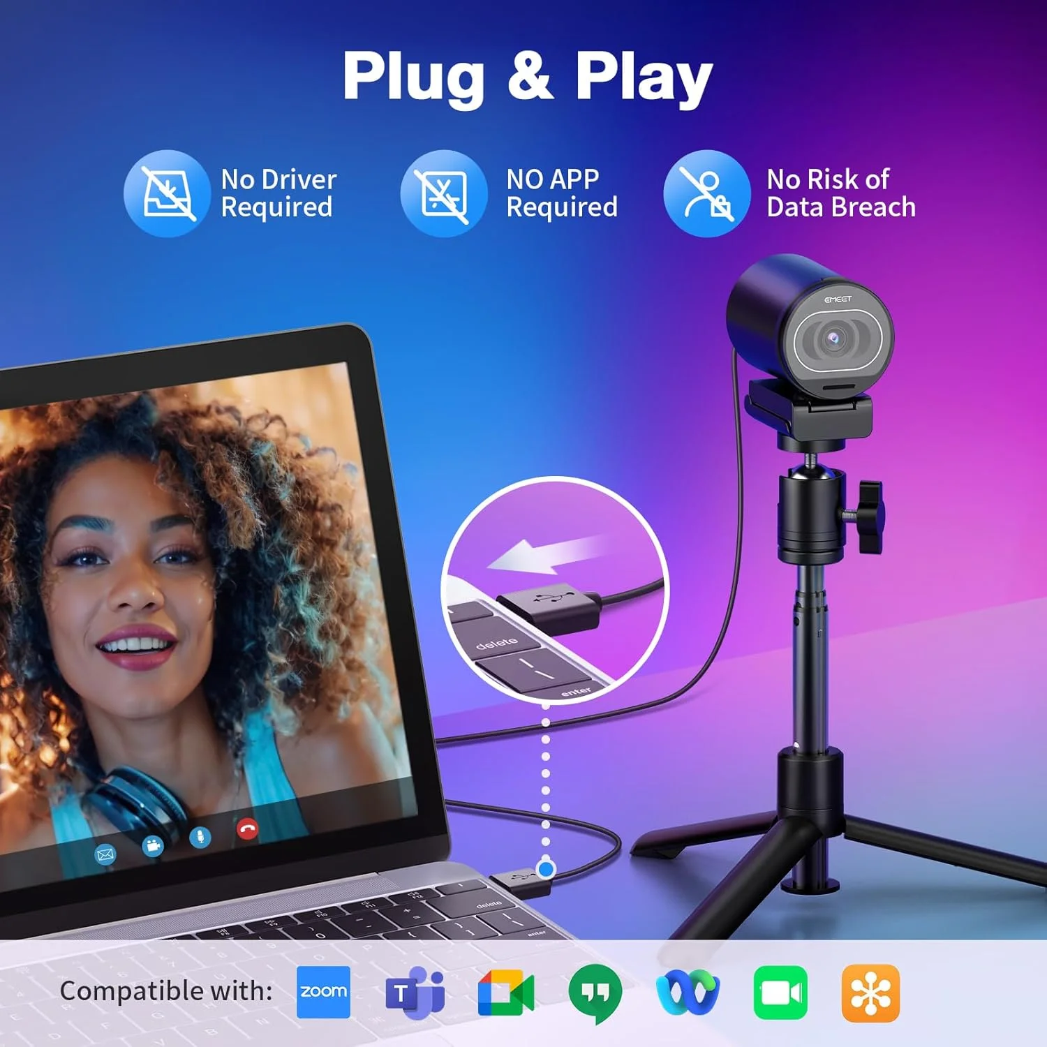 وب کم 4K ایمیت مدل S600 به همراه سه پایه، 2 میکروفون حذف نویز، زاویه دید قابل تنظیم 40 تا 73 درجه، فوکوس خودکار PDAF، پوشش حریم خصوصی داخلی، دوربین استریمینگ برای بازی، تماس تصویری/زوم/اسکایپ/تیمز