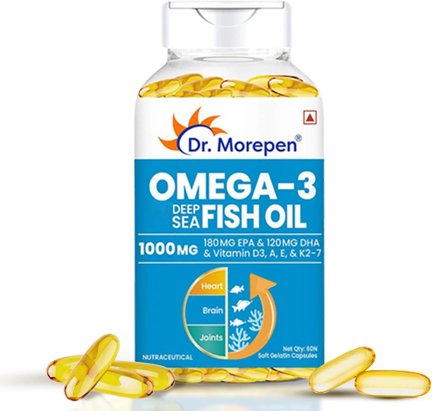 روغن ماهی امگا 3 دریایی دکتر مورپن 1000 میلی گرم امگا با 300 میلی گرم DHA با ویتامین A، D3، E و K27 | 60 سافت ژل - بسته 1 عددی