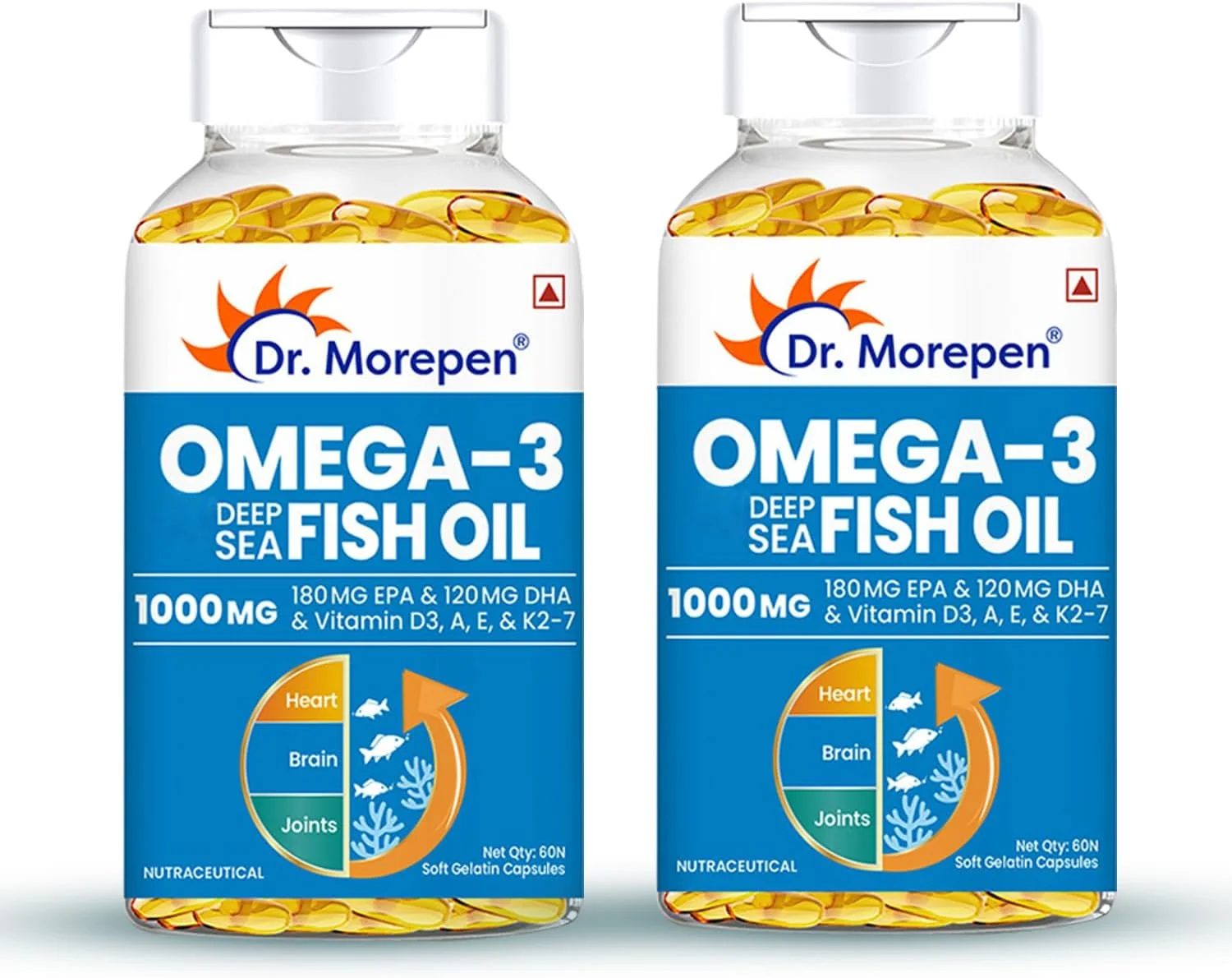 روغن ماهی امگا 3 دکتر مورپن 1000 میلی گرم امگا با 300 میلی گرم DHA به همراه ویتامین A، D3، E و K27 | 60 سافت ژل - بسته 2 عددی