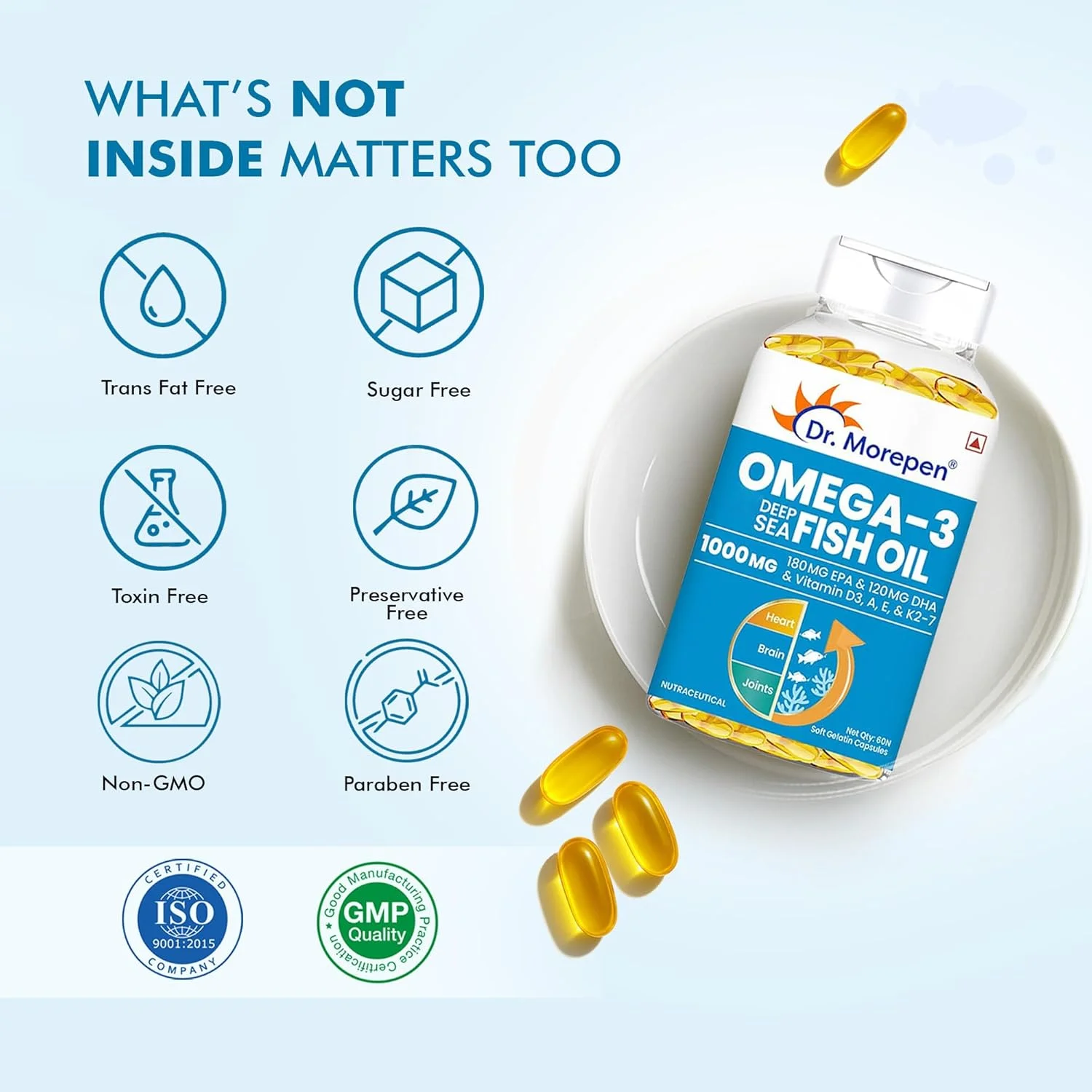 روغن ماهی امگا 3 دریایی دکتر مورپن 1000 میلی گرم امگا با 300 میلی گرم DHA با ویتامین A، D3، E و K27 | 60 سافت ژل - بسته 1 عددی