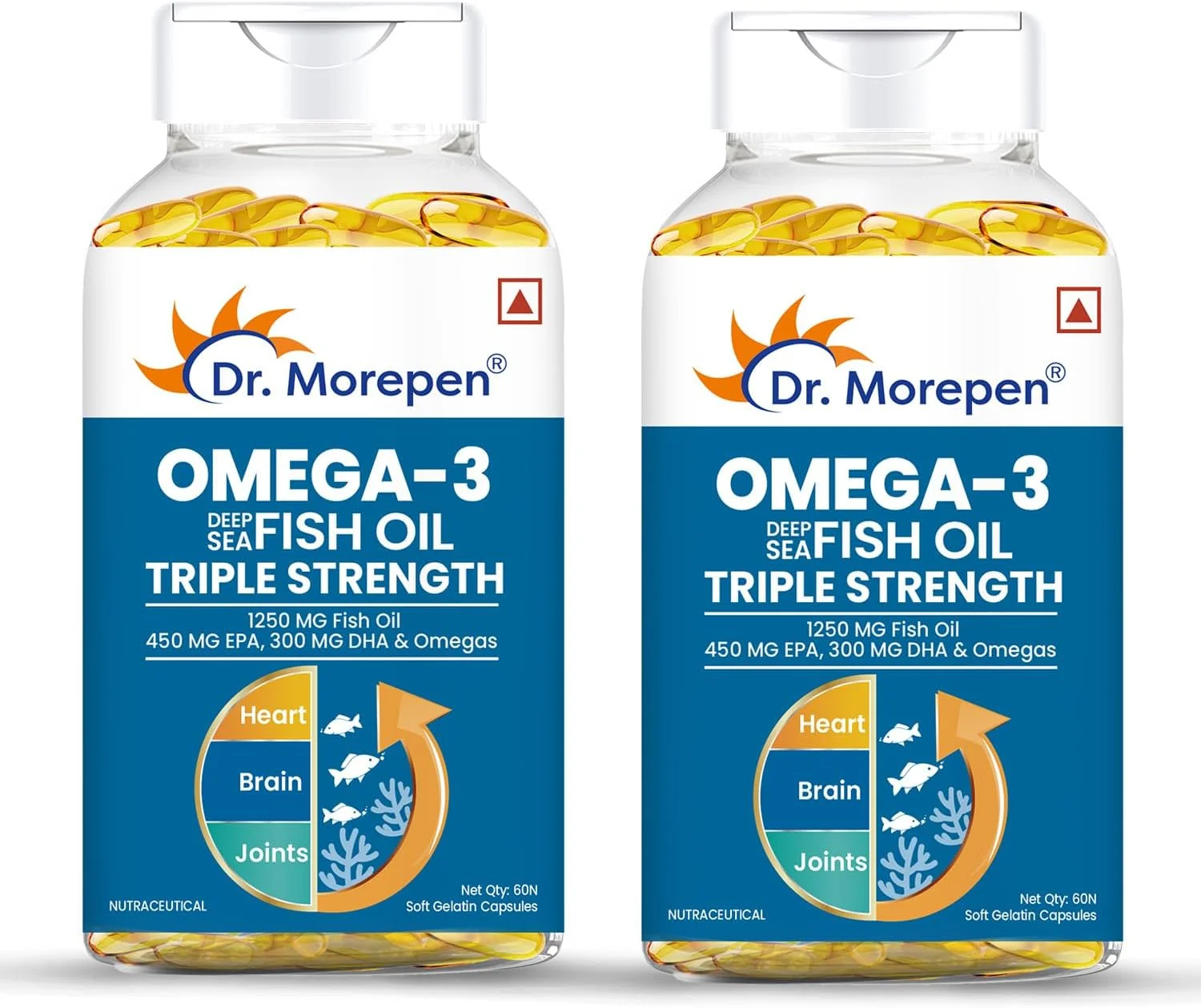 روغن ماهی امگا 3 دکتر مورپن، با قدرت سه برابر (1250 میلی گرم با 900 میلی گرم DHA و EPA) | روغن ماهی با قدرت بالا برای سلامت قلب، مغز و مفاصل | بسته دو عددی - (120 سافت ژل)